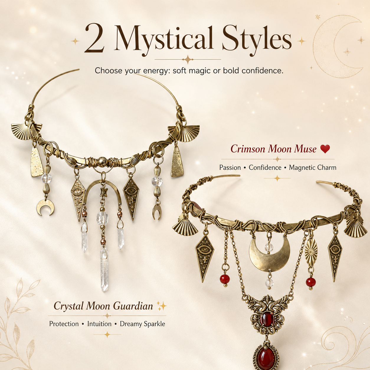 ✨ Vintage Celestial Choker Necklace, Antique Gold Moon & Crystal Statement Collar Necklace, Boho Gothic Jewelry for Women, 2 Mystical Styles