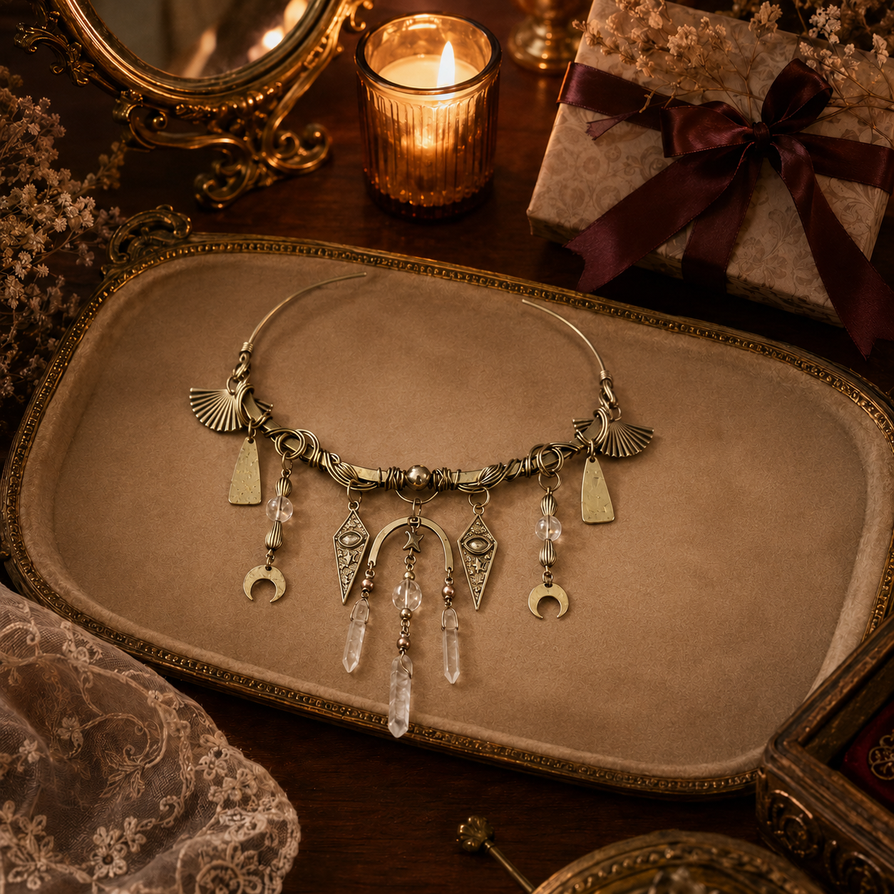 ✨ Vintage Celestial Choker Necklace, Antique Gold Moon & Crystal Statement Collar Necklace, Boho Gothic Jewelry for Women, 2 Mystical Styles
