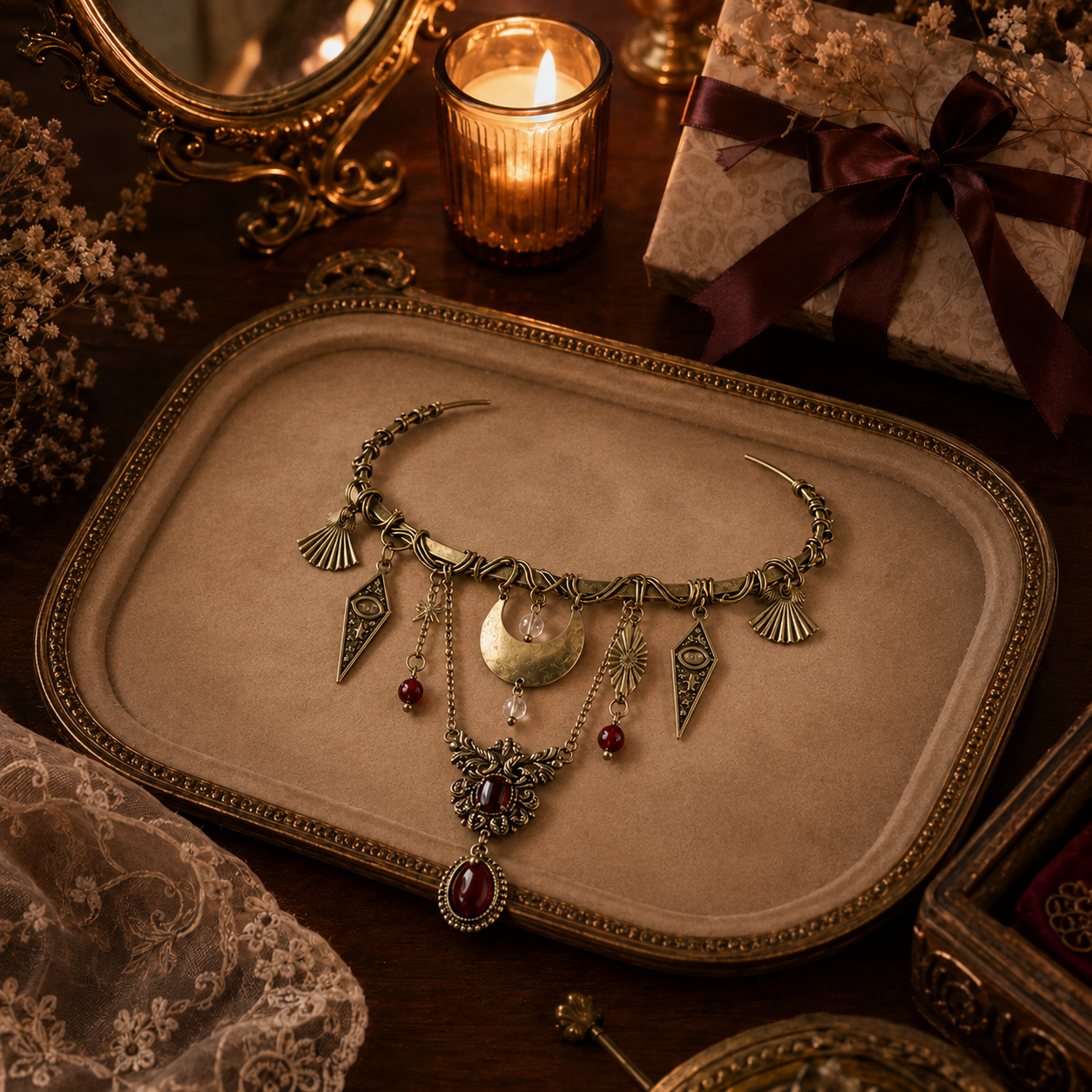 ✨ Vintage Celestial Choker Necklace, Antique Gold Moon & Crystal Statement Collar Necklace, Boho Gothic Jewelry for Women, 2 Mystical Styles