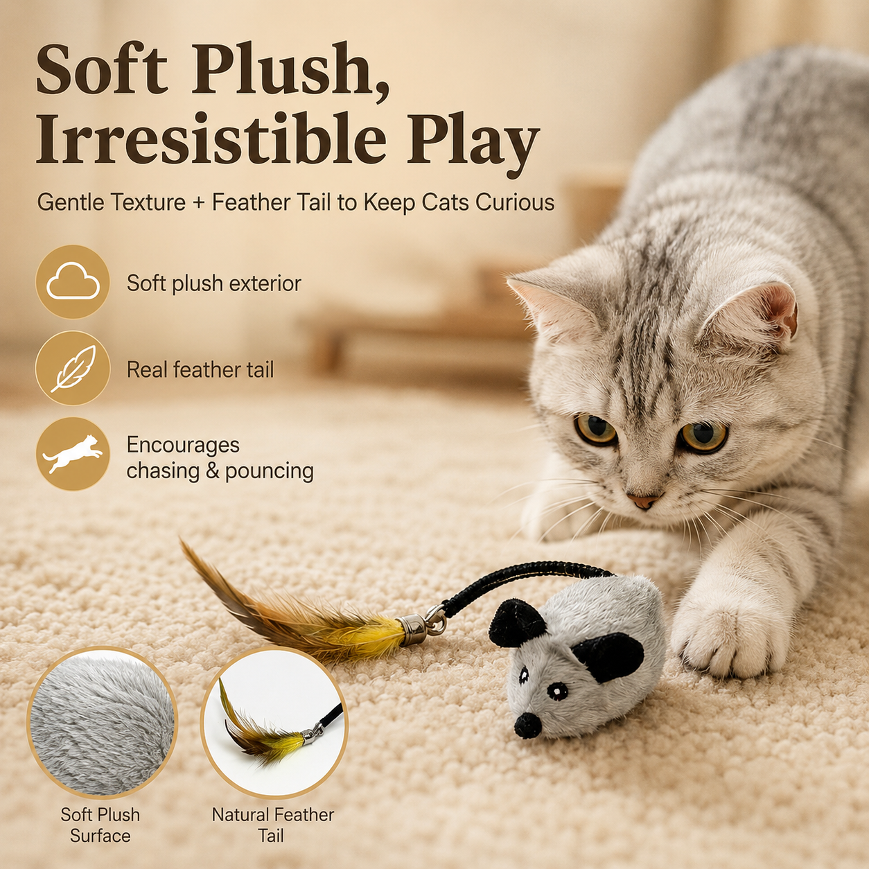🐭 Rechargeable Remote Control Plush Mouse Cat Toy – 2.4G Interactive Electric Chase Toy with Feather Tail for Indoor Cats & Kittens