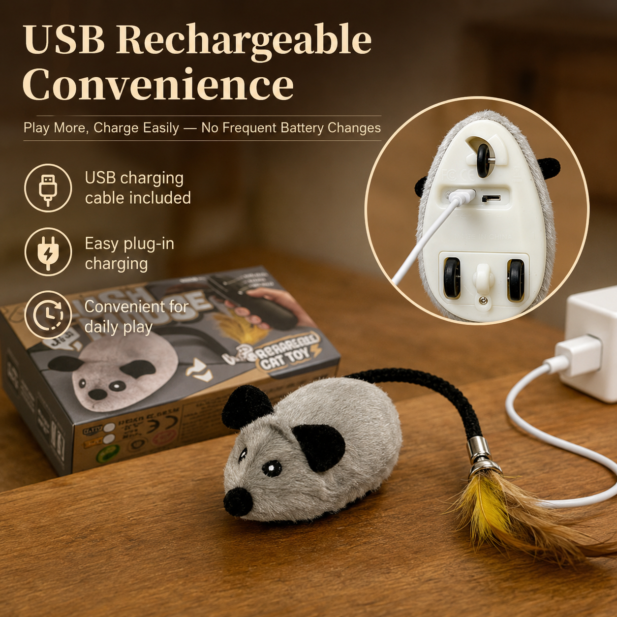 🐭 Rechargeable Remote Control Plush Mouse Cat Toy – 2.4G Interactive Electric Chase Toy with Feather Tail for Indoor Cats & Kittens
