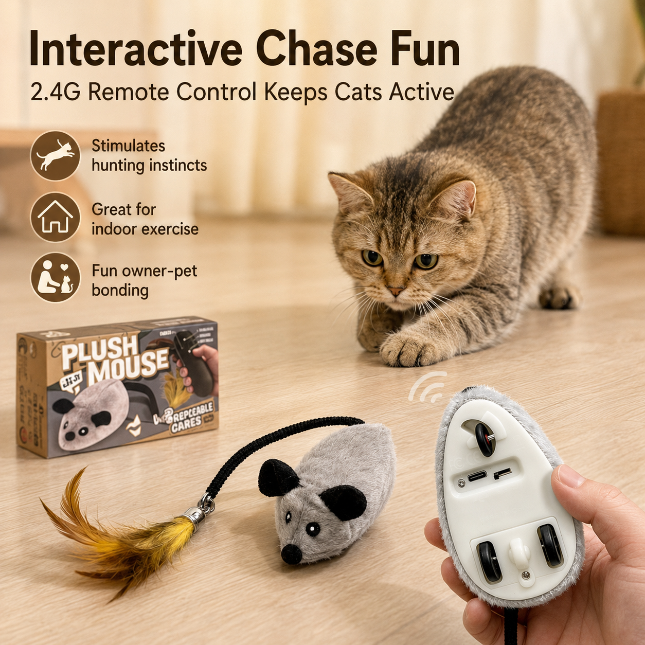 🐭 Rechargeable Remote Control Plush Mouse Cat Toy – 2.4G Interactive Electric Chase Toy with Feather Tail for Indoor Cats & Kittens
