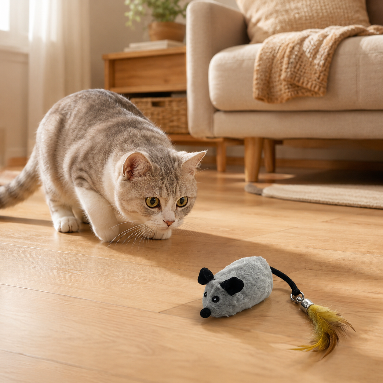 🐭 Rechargeable Remote Control Plush Mouse Cat Toy – 2.4G Interactive Electric Chase Toy with Feather Tail for Indoor Cats & Kittens