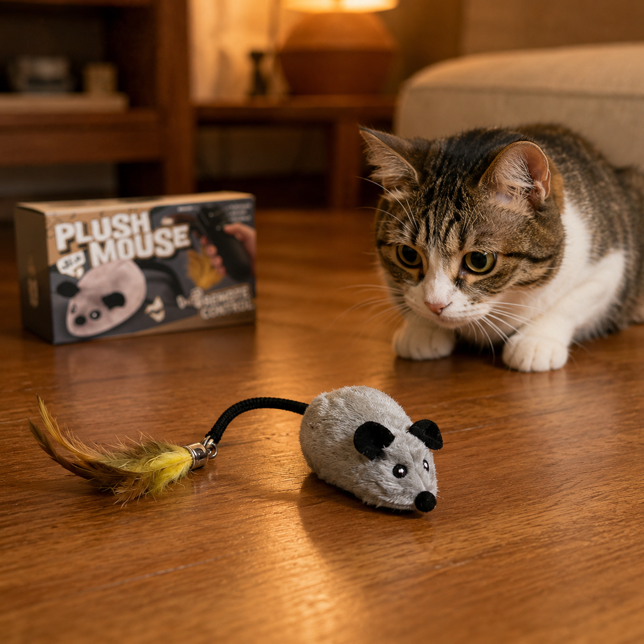 🐭 Rechargeable Remote Control Plush Mouse Cat Toy – 2.4G Interactive Electric Chase Toy with Feather Tail for Indoor Cats & Kittens