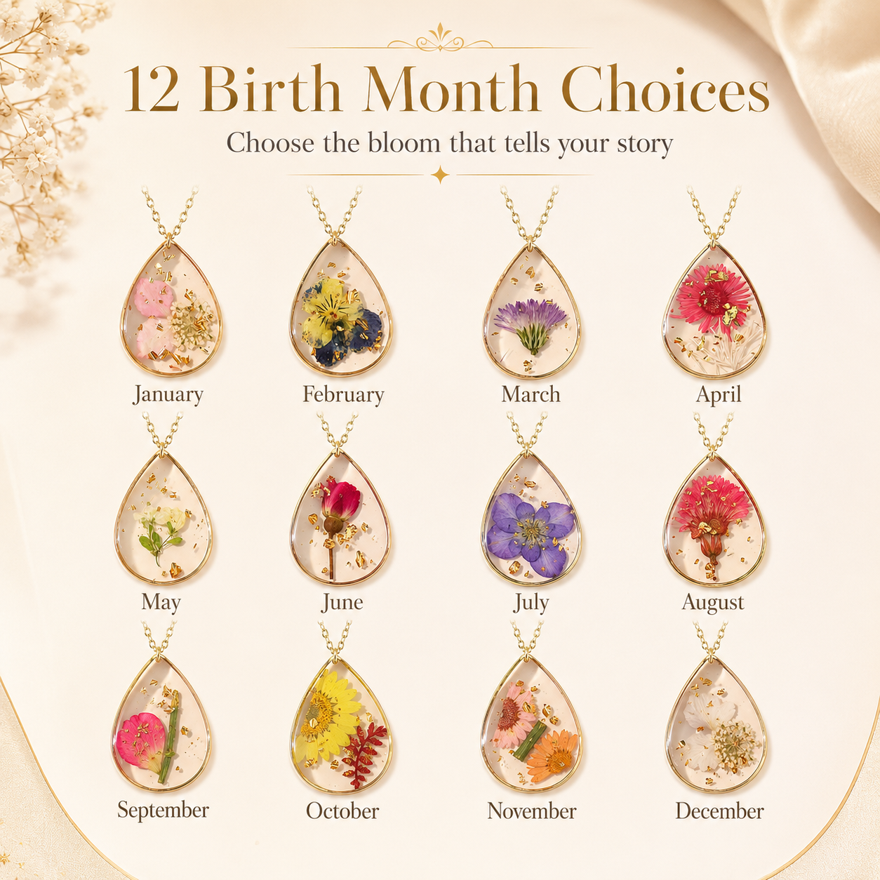 🌸 Birth Month Flower Necklace, Real Preserved Flower Teardrop Pendant with Gold Foil, Meaningful Floral Jewelry Gift for Women