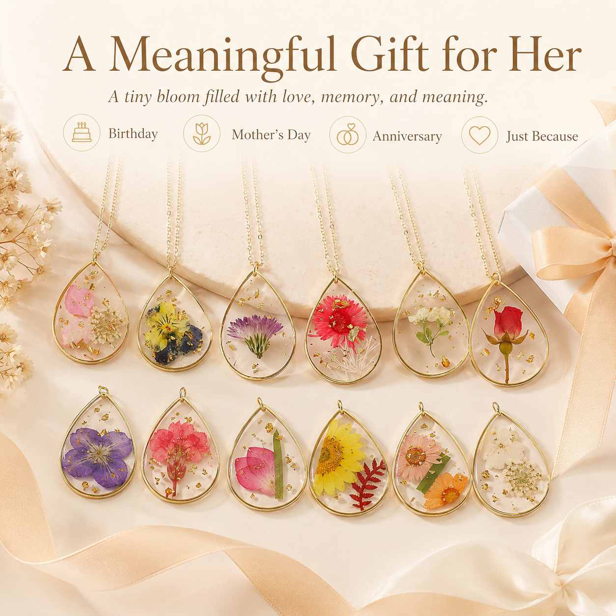 🌸 Birth Month Flower Necklace, Real Preserved Flower Teardrop Pendant with Gold Foil, Meaningful Floral Jewelry Gift for Women