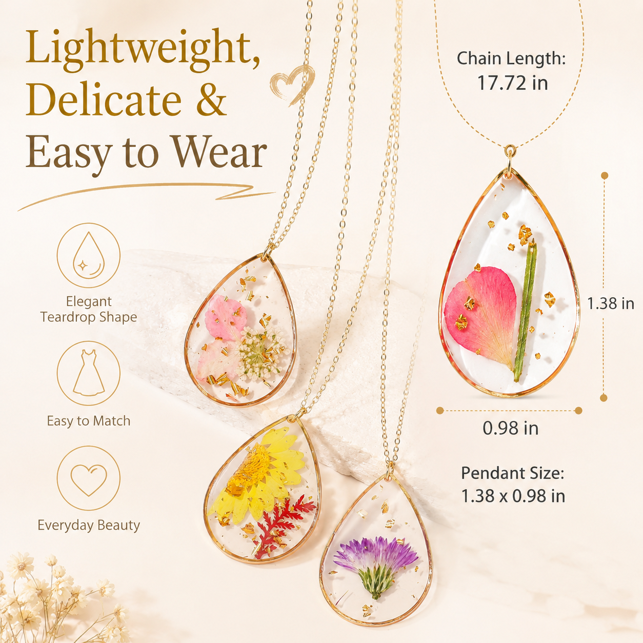🌸 Birth Month Flower Necklace, Real Preserved Flower Teardrop Pendant with Gold Foil, Meaningful Floral Jewelry Gift for Women
