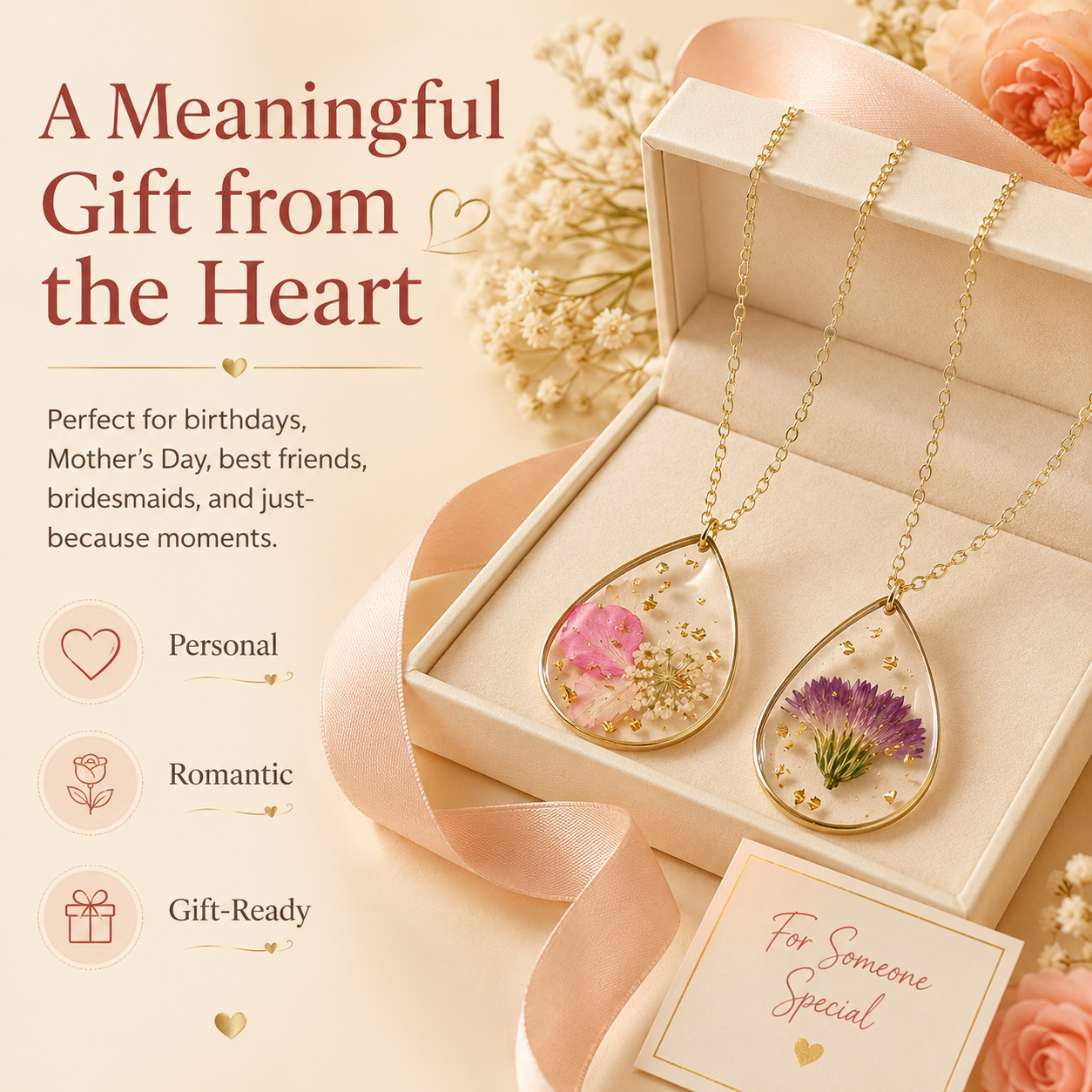 🌸 Birth Month Flower Necklace, Real Preserved Flower Teardrop Pendant with Gold Foil, Meaningful Floral Jewelry Gift for Women
