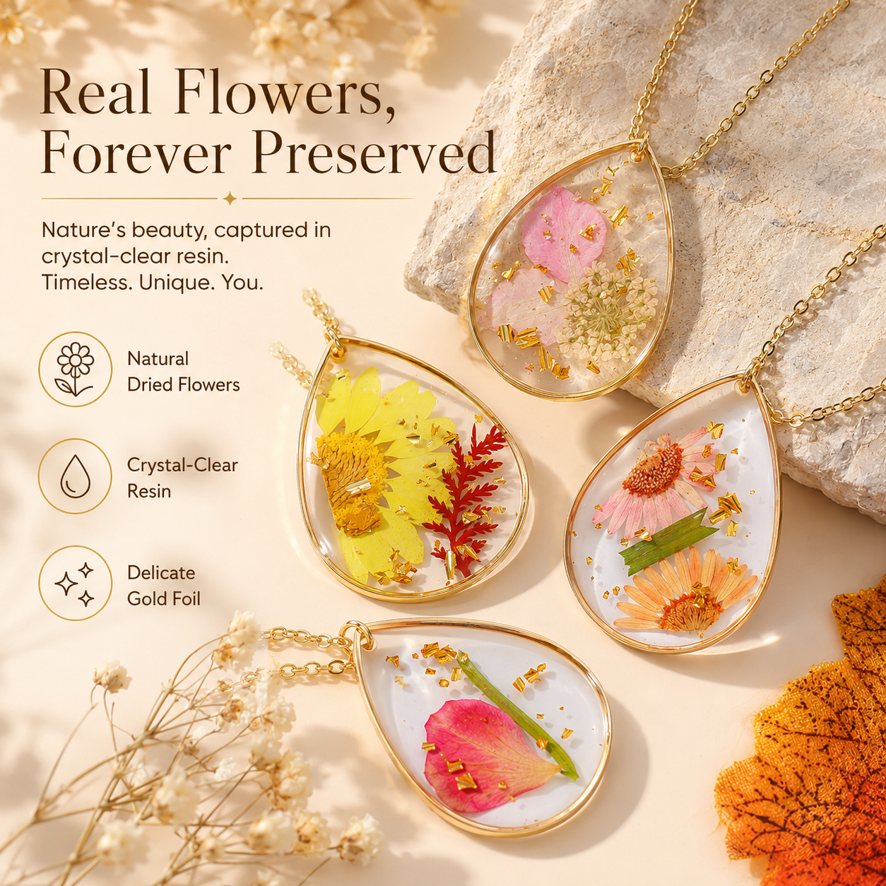 🌸 Birth Month Flower Necklace, Real Preserved Flower Teardrop Pendant with Gold Foil, Meaningful Floral Jewelry Gift for Women