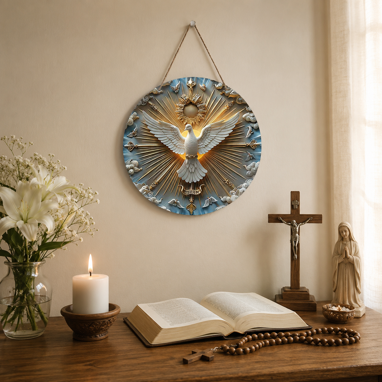 🕊 Dove of Peace Wall Art – Symbolic Blessing Decor with Golden Sunburst Design for Home, Prayer Room & Meaningful Gifts