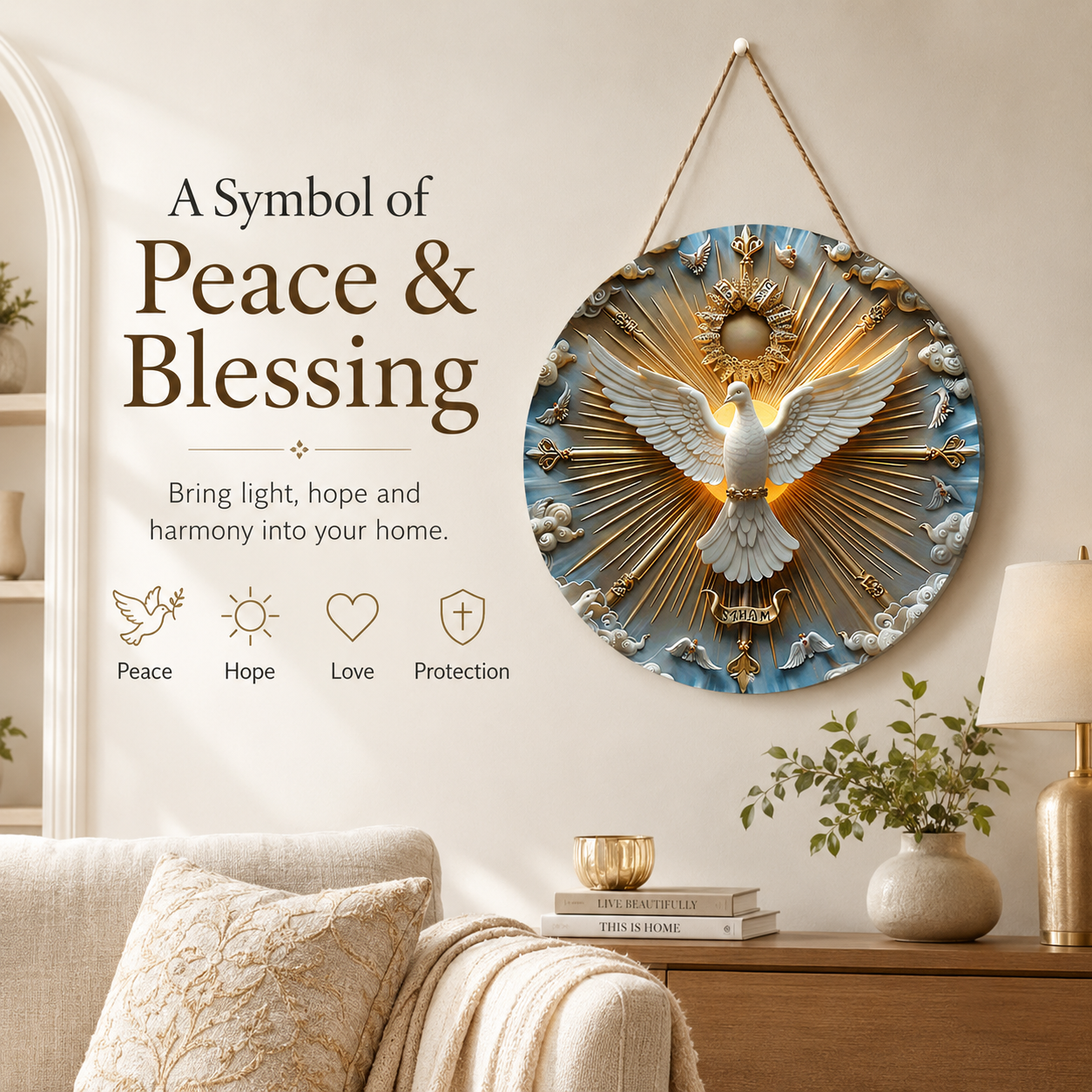 🕊 Dove of Peace Wall Art – Symbolic Blessing Decor with Golden Sunburst Design for Home, Prayer Room & Meaningful Gifts