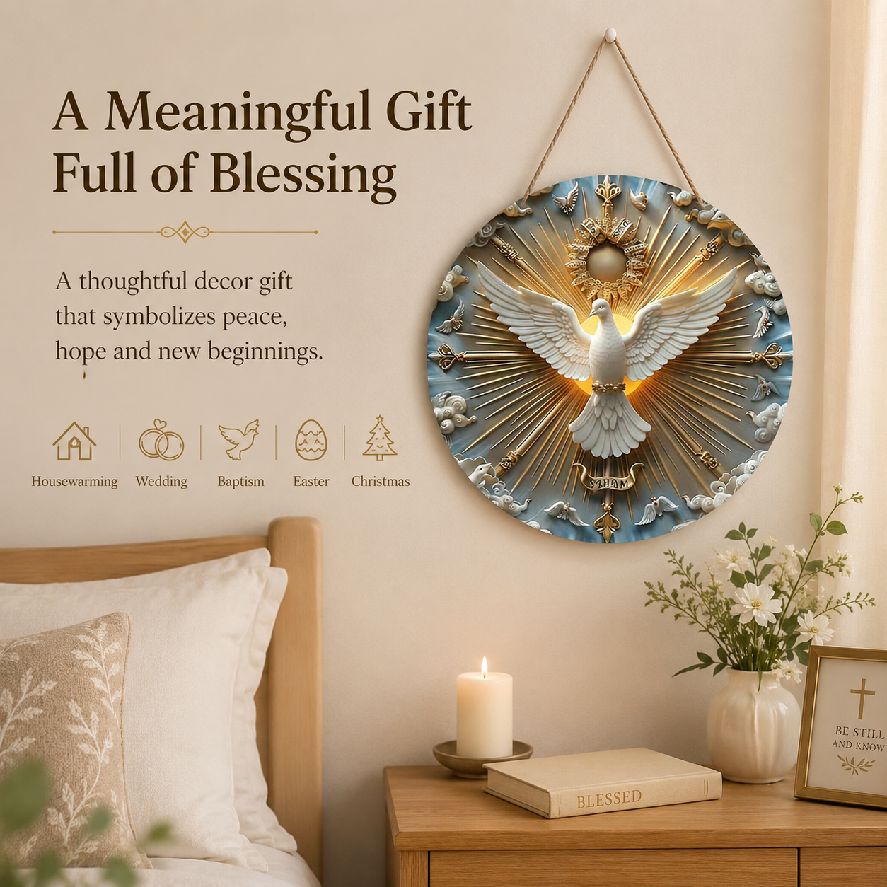 🕊 Dove of Peace Wall Art – Symbolic Blessing Decor with Golden Sunburst Design for Home, Prayer Room & Meaningful Gifts