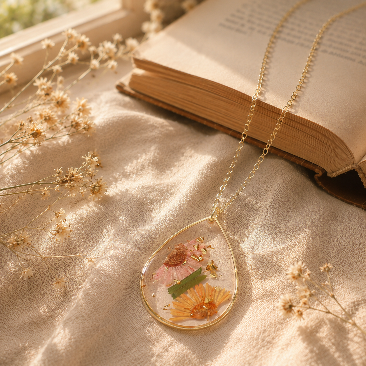 🌸 Birth Month Flower Necklace, Real Preserved Flower Teardrop Pendant with Gold Foil, Meaningful Floral Jewelry Gift for Women