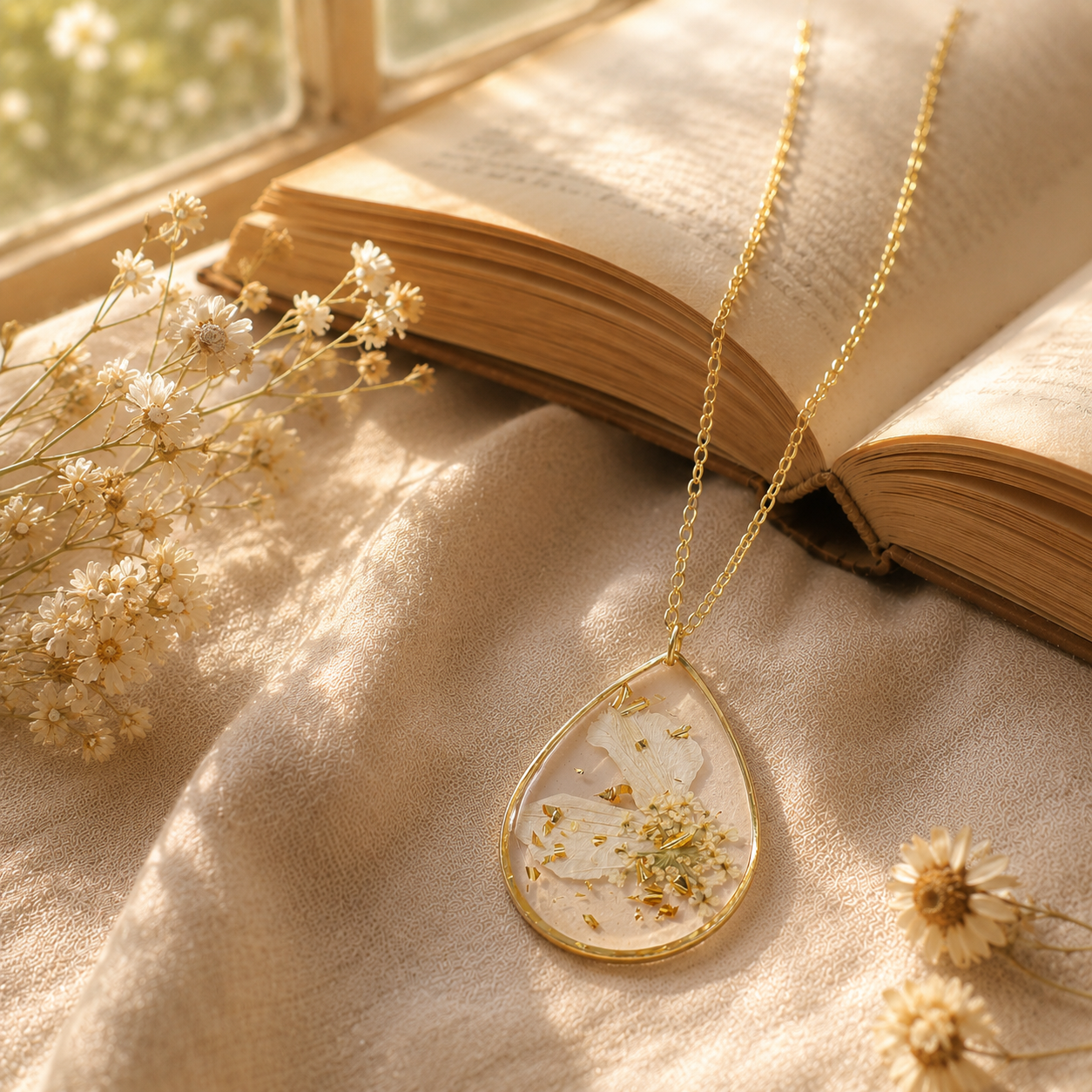 🌸 Birth Month Flower Necklace, Real Preserved Flower Teardrop Pendant with Gold Foil, Meaningful Floral Jewelry Gift for Women