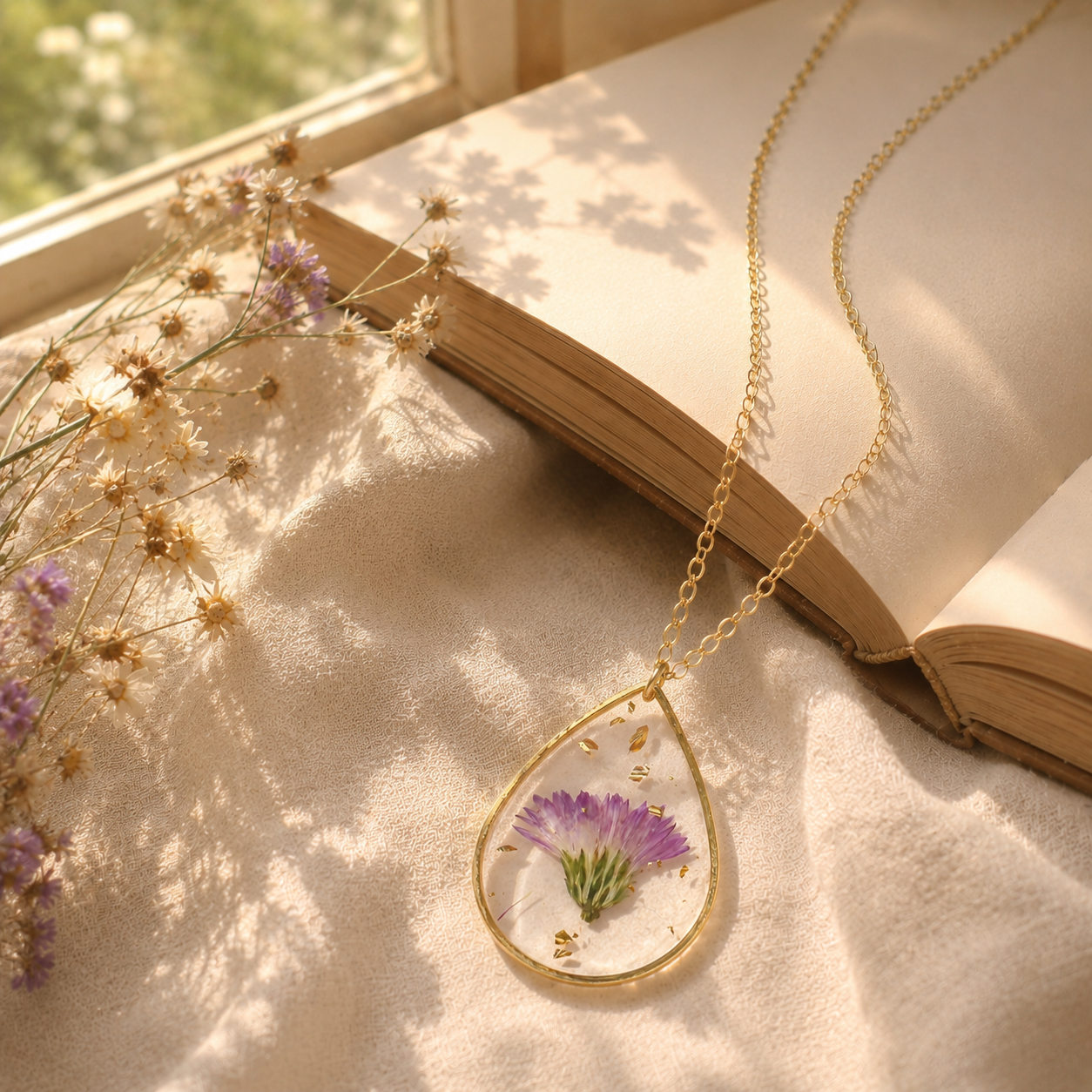 🌸 Birth Month Flower Necklace, Real Preserved Flower Teardrop Pendant with Gold Foil, Meaningful Floral Jewelry Gift for Women