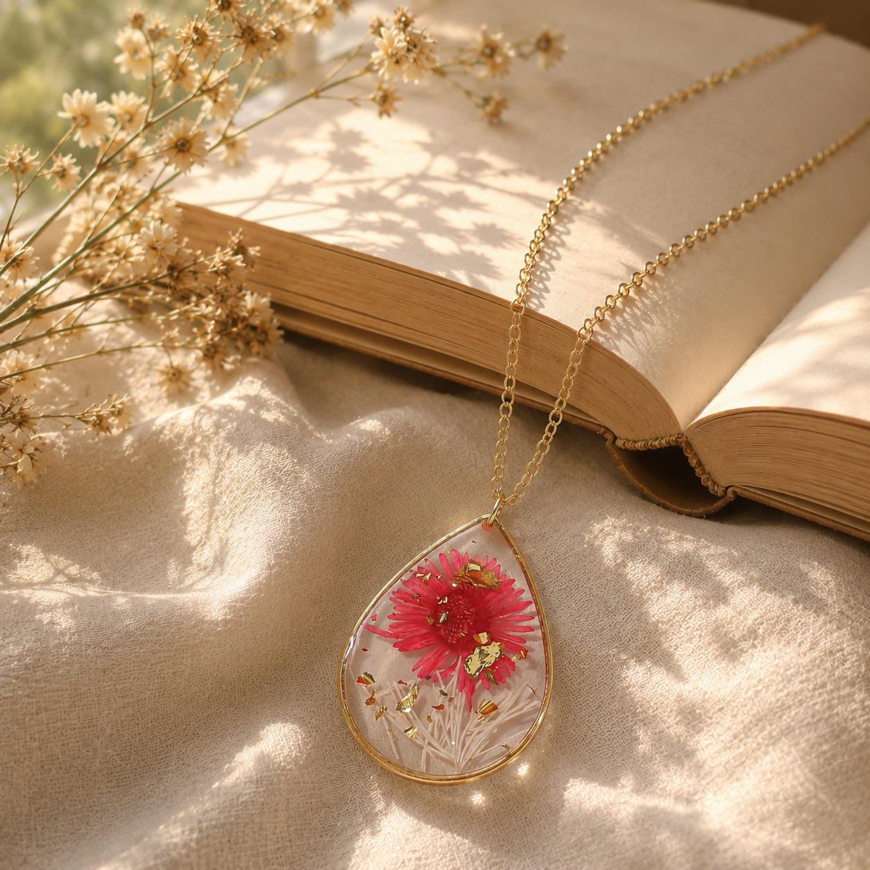 🌸 Birth Month Flower Necklace, Real Preserved Flower Teardrop Pendant with Gold Foil, Meaningful Floral Jewelry Gift for Women