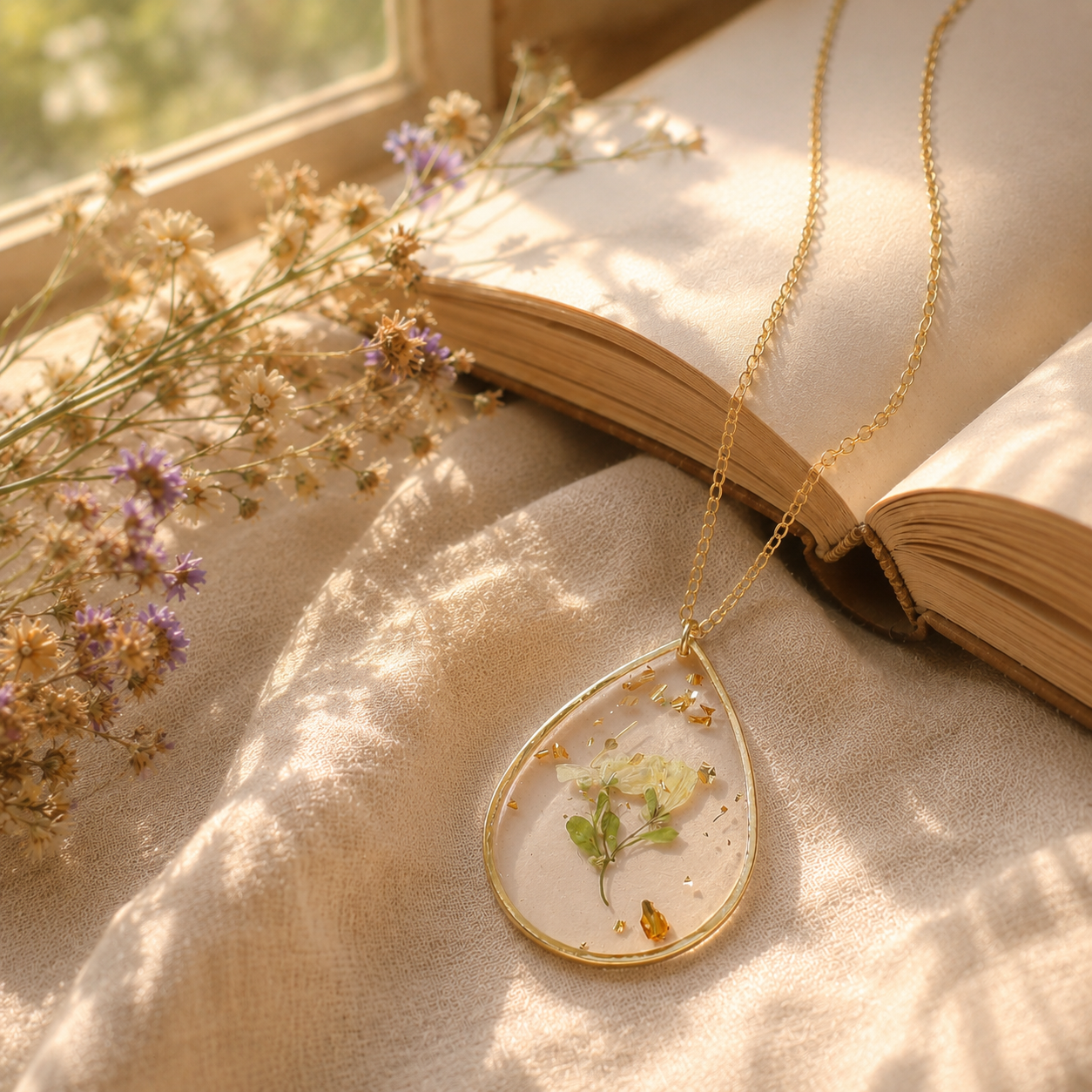 🌸 Birth Month Flower Necklace, Real Preserved Flower Teardrop Pendant with Gold Foil, Meaningful Floral Jewelry Gift for Women