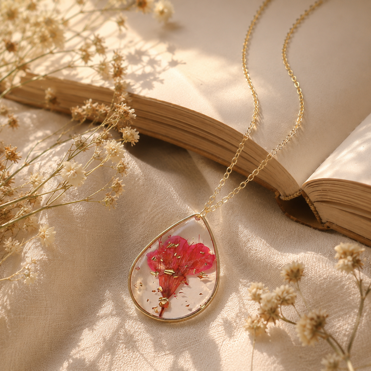 🌸 Birth Month Flower Necklace, Real Preserved Flower Teardrop Pendant with Gold Foil, Meaningful Floral Jewelry Gift for Women
