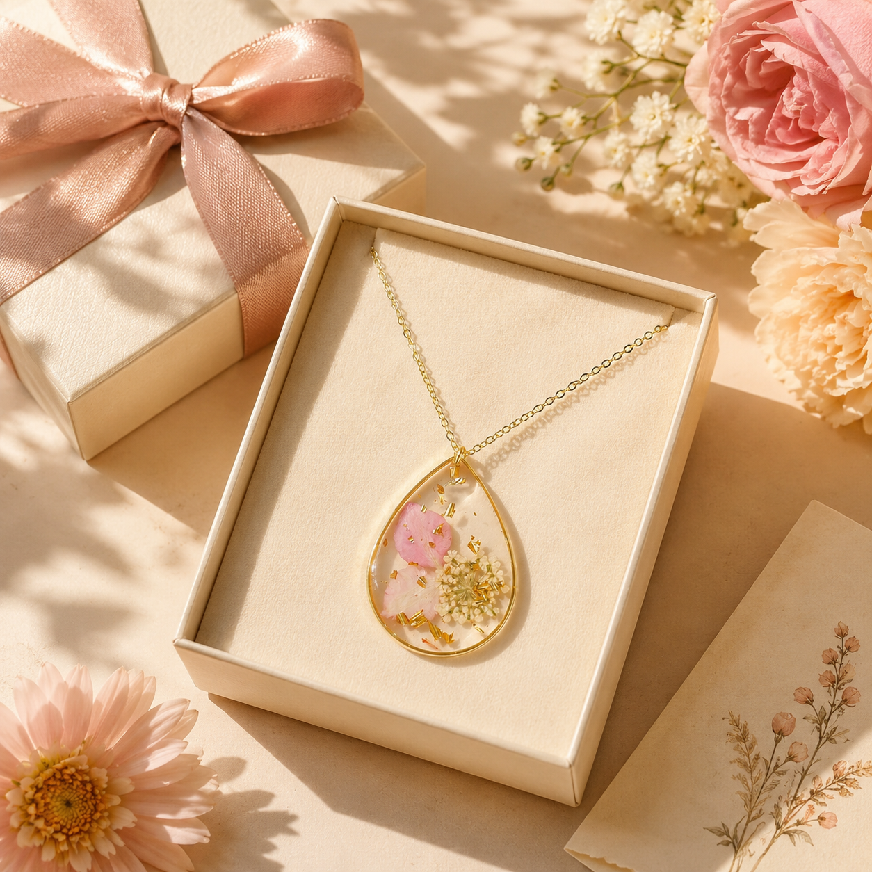 🌸 Birth Month Flower Necklace, Real Preserved Flower Teardrop Pendant with Gold Foil, Meaningful Floral Jewelry Gift for Women