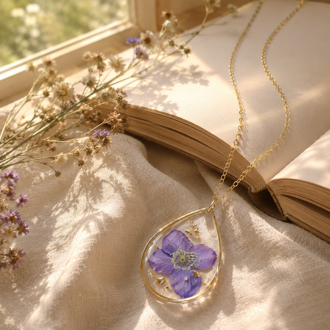 🌸 Birth Month Flower Necklace, Real Preserved Flower Teardrop Pendant with Gold Foil, Meaningful Floral Jewelry Gift for Women