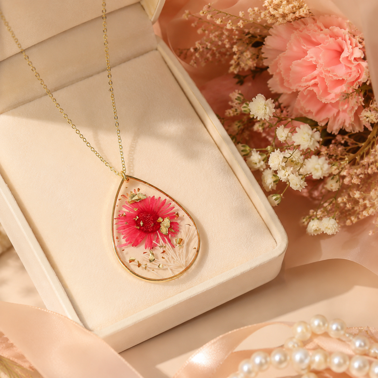 🌸 Birth Month Flower Necklace, Real Preserved Flower Teardrop Pendant with Gold Foil, Meaningful Floral Jewelry Gift for Women