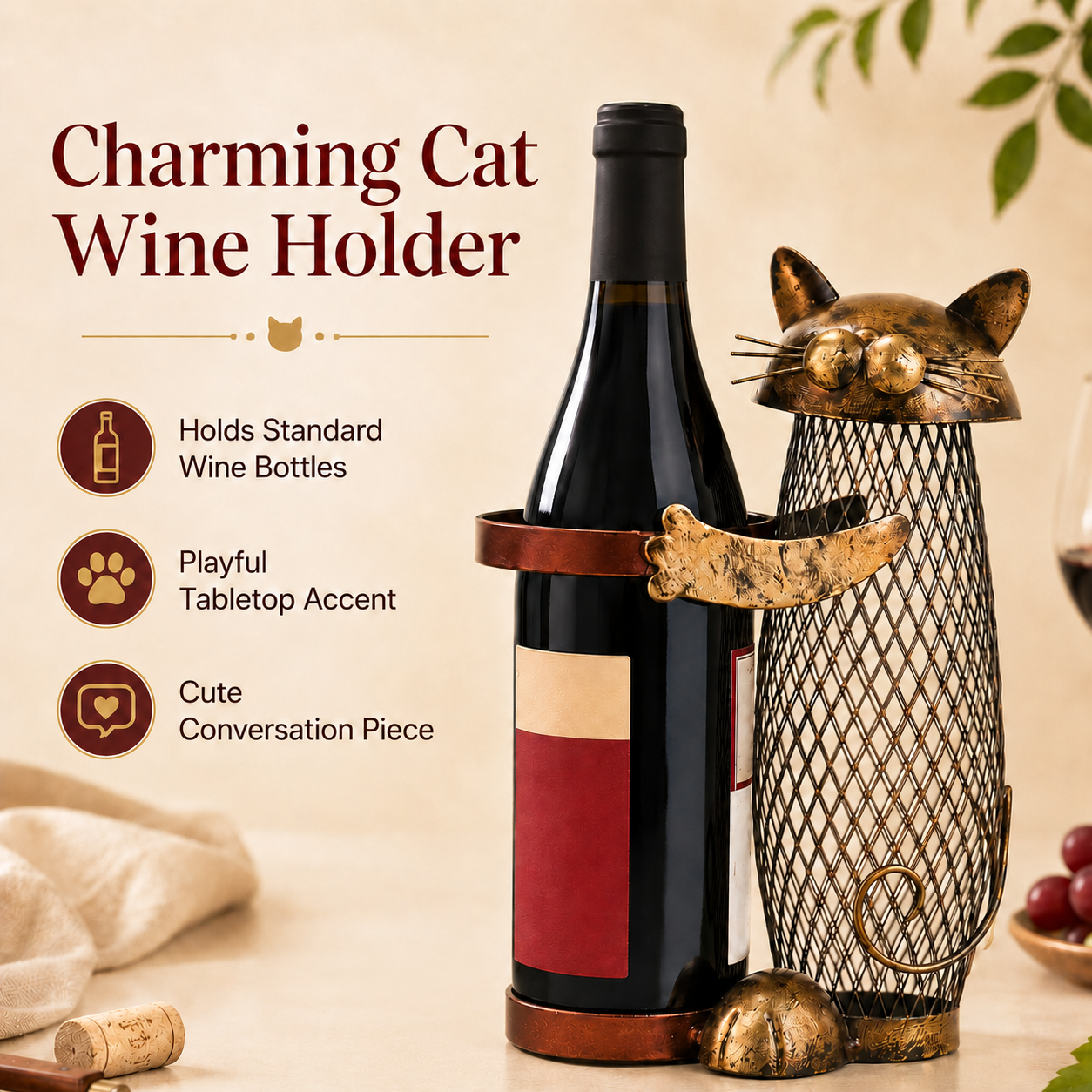 Rustic Cat Wine Bottle Holder & Cork Collector, Decorative Metal Cat Wine Rack with Mesh Cork Storage Basket, Vintage Tabletop Wine Display Stand for Kitchen, Bar, Dining Room & Gifts