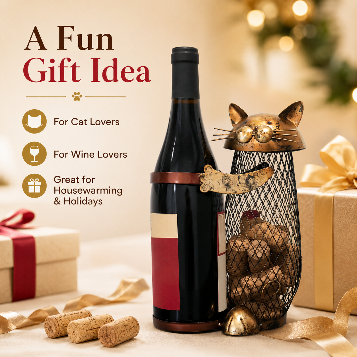Rustic Cat Wine Bottle Holder & Cork Collector, Decorative Metal Cat Wine Rack with Mesh Cork Storage Basket, Vintage Tabletop Wine Display Stand for Kitchen, Bar, Dining Room & Gifts