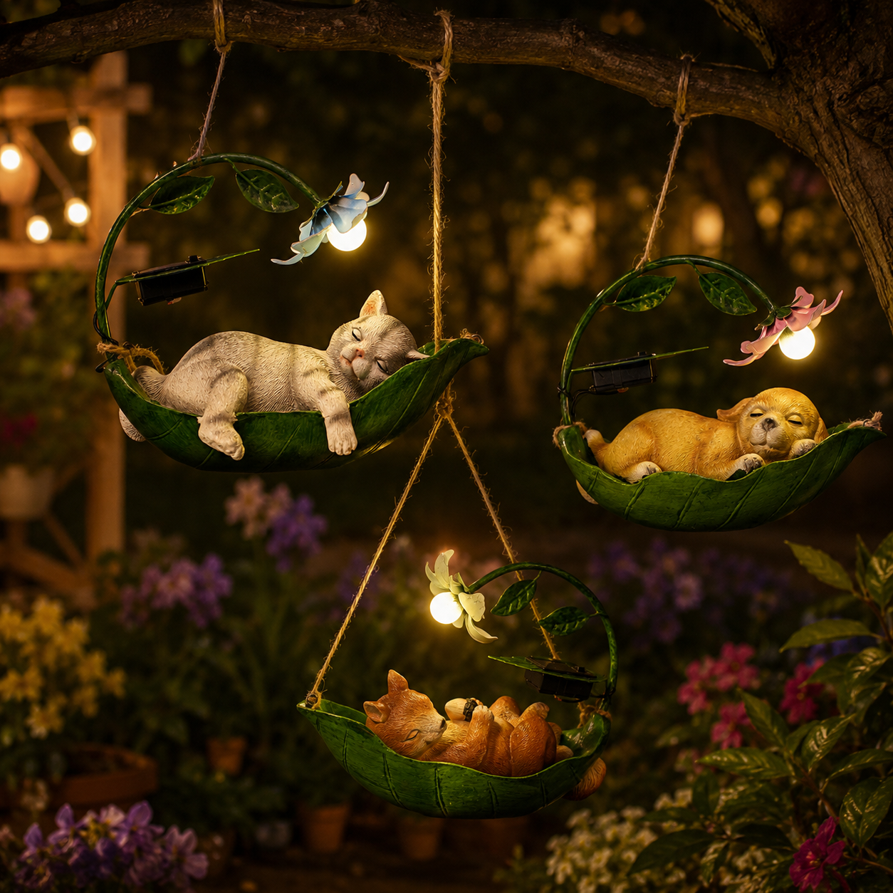 Solar Sleeping Animal Hanging Garden Light – Cute Cat, Dog & Squirrel Leaf Hammock Outdoor Decor with Flower LED Light