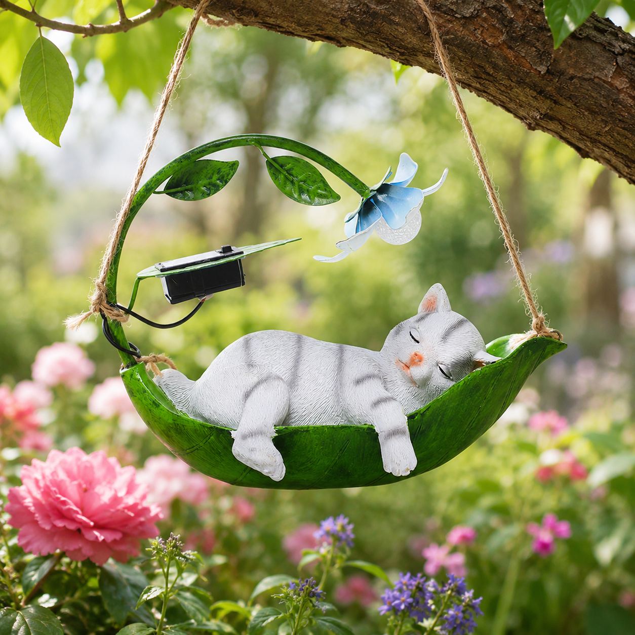 Solar Sleeping Animal Hanging Garden Light – Cute Cat, Dog & Squirrel Leaf Hammock Outdoor Decor with Flower LED Light