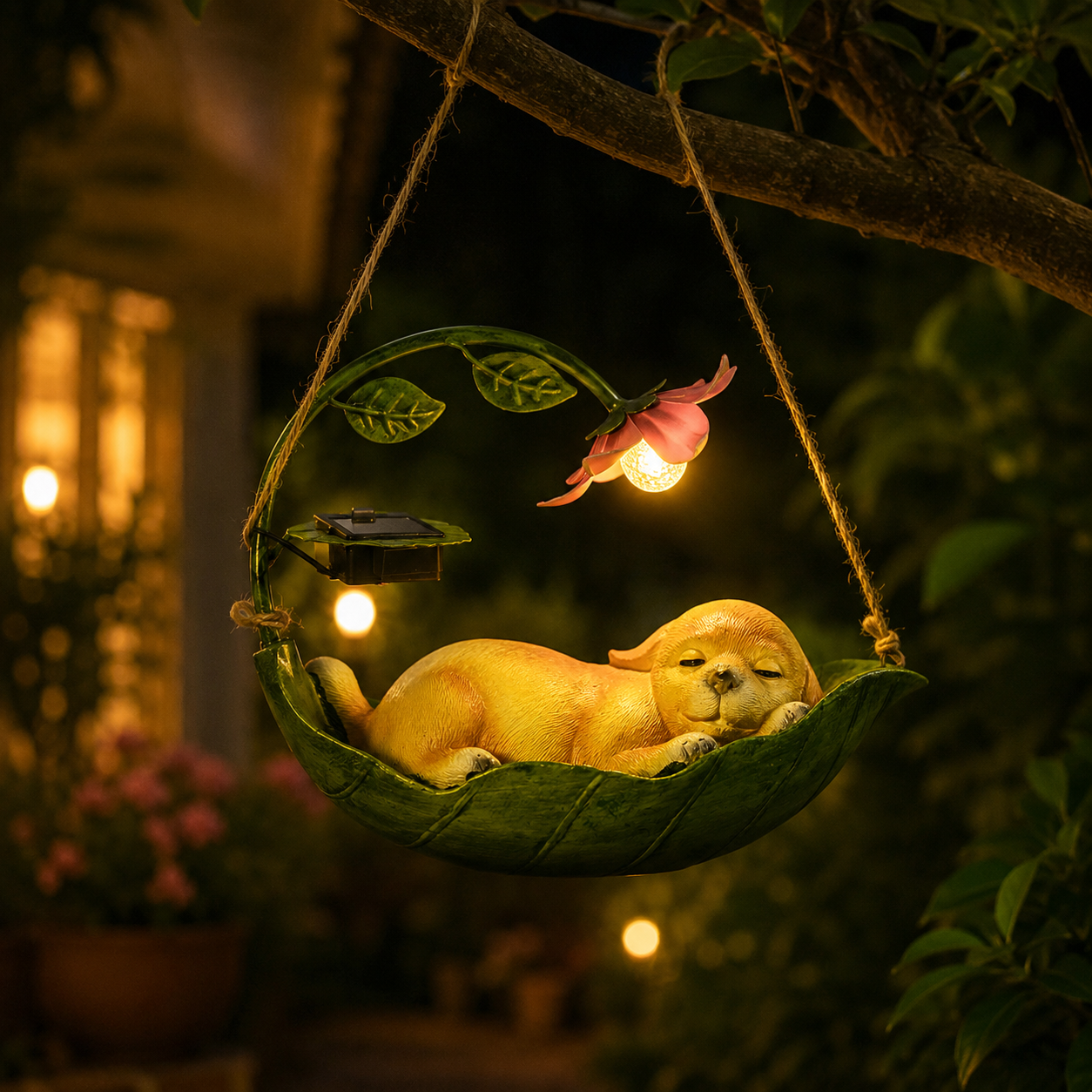 Solar Sleeping Animal Hanging Garden Light – Cute Cat, Dog & Squirrel Leaf Hammock Outdoor Decor with Flower LED Light