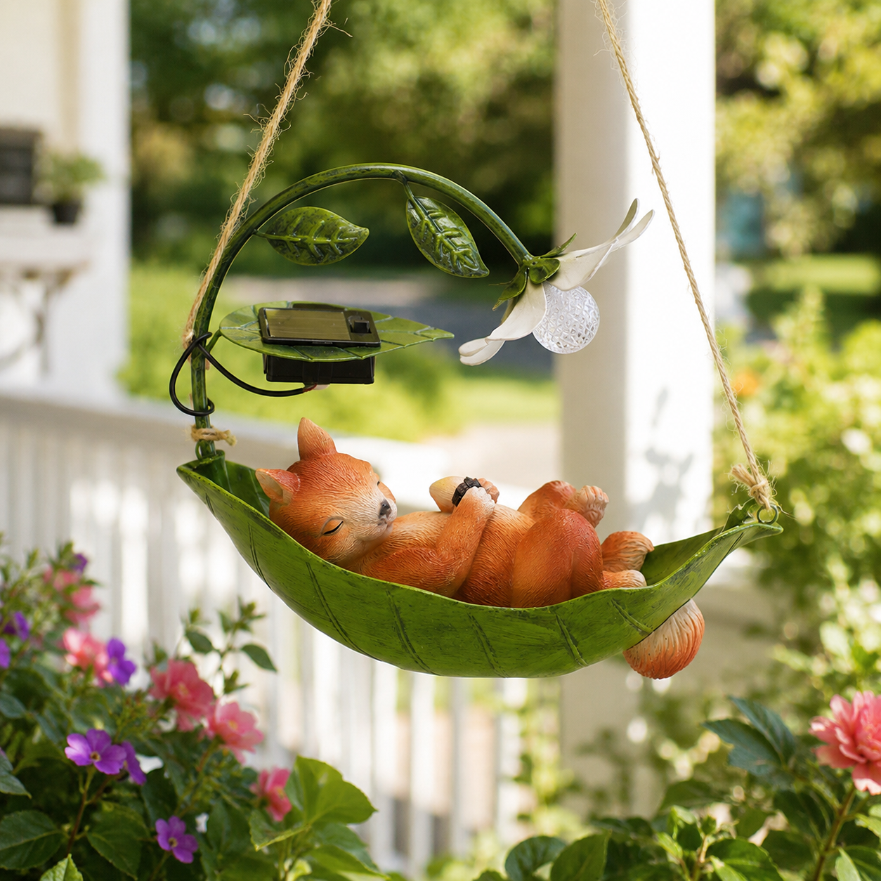 Solar Sleeping Animal Hanging Garden Light – Cute Cat, Dog & Squirrel Leaf Hammock Outdoor Decor with Flower LED Light