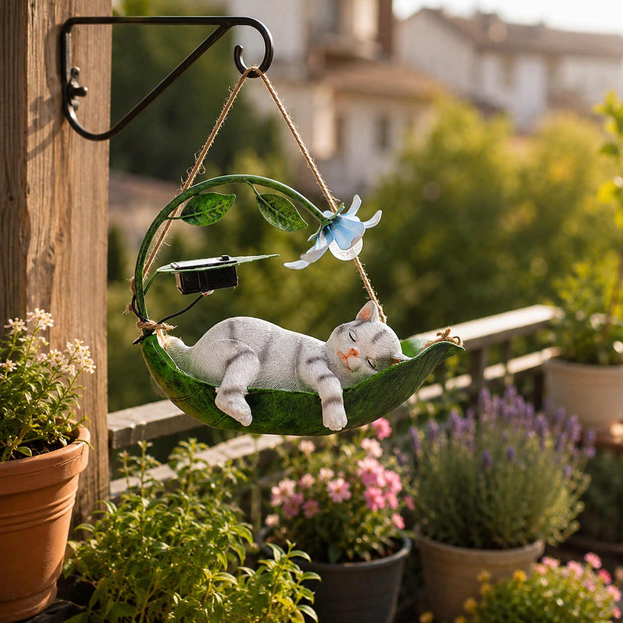 Solar Sleeping Animal Hanging Garden Light – Cute Cat, Dog & Squirrel Leaf Hammock Outdoor Decor with Flower LED Light