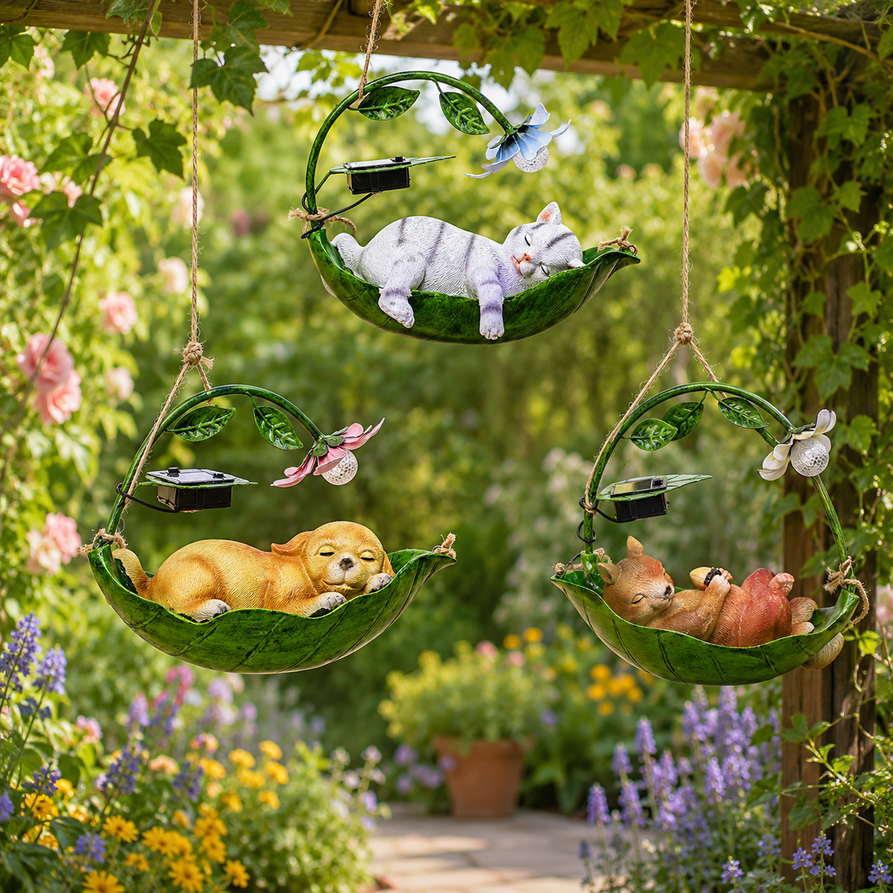 Solar Sleeping Animal Hanging Garden Light – Cute Cat, Dog & Squirrel Leaf Hammock Outdoor Decor with Flower LED Light