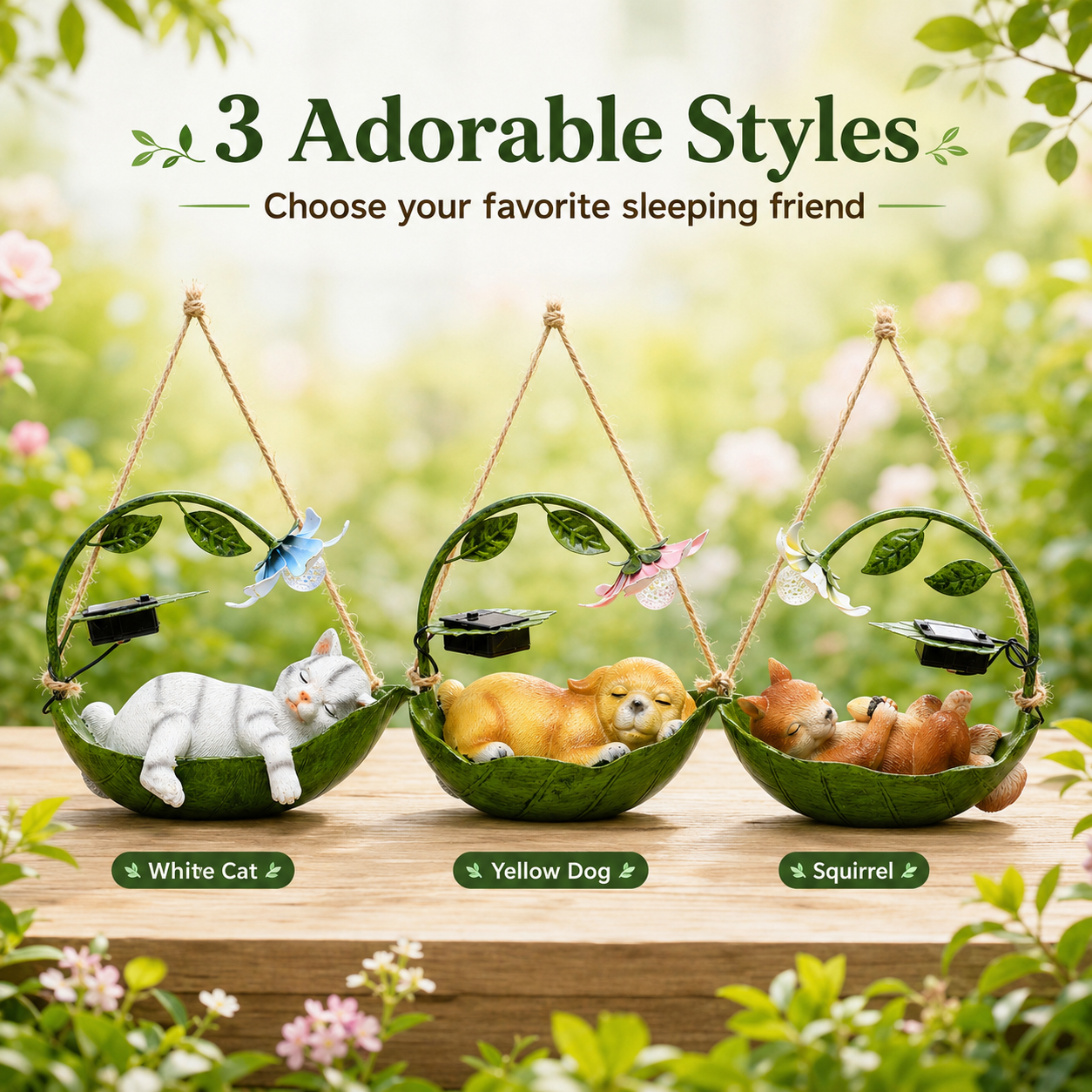 Solar Sleeping Animal Hanging Garden Light – Cute Cat, Dog & Squirrel Leaf Hammock Outdoor Decor with Flower LED Light
