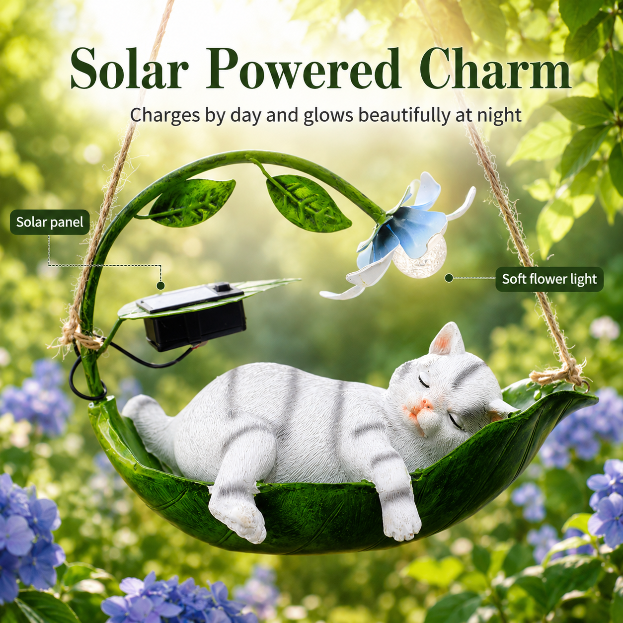 Solar Sleeping Animal Hanging Garden Light – Cute Cat, Dog & Squirrel Leaf Hammock Outdoor Decor with Flower LED Light