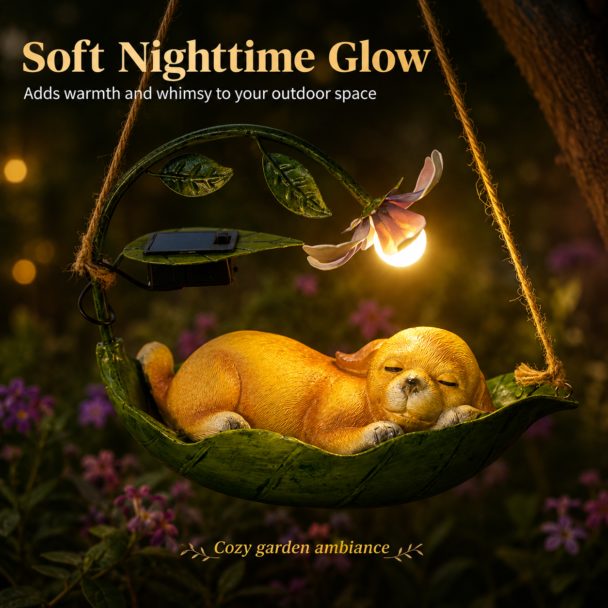 Solar Sleeping Animal Hanging Garden Light – Cute Cat, Dog & Squirrel Leaf Hammock Outdoor Decor with Flower LED Light