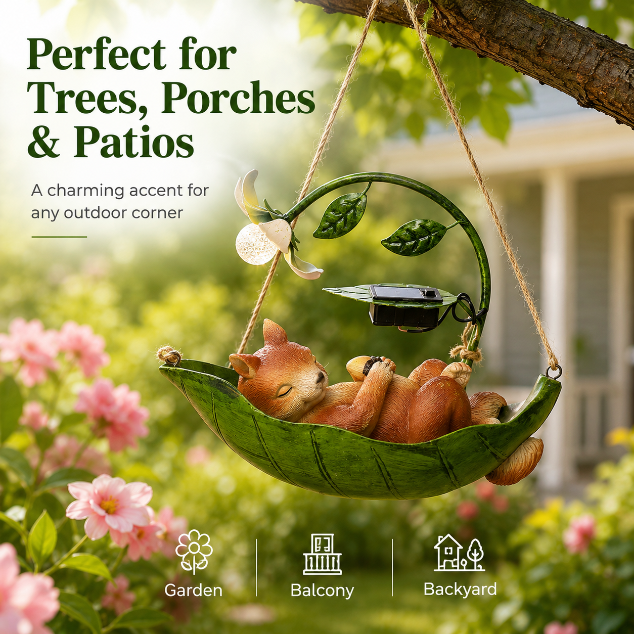 Solar Sleeping Animal Hanging Garden Light – Cute Cat, Dog & Squirrel Leaf Hammock Outdoor Decor with Flower LED Light