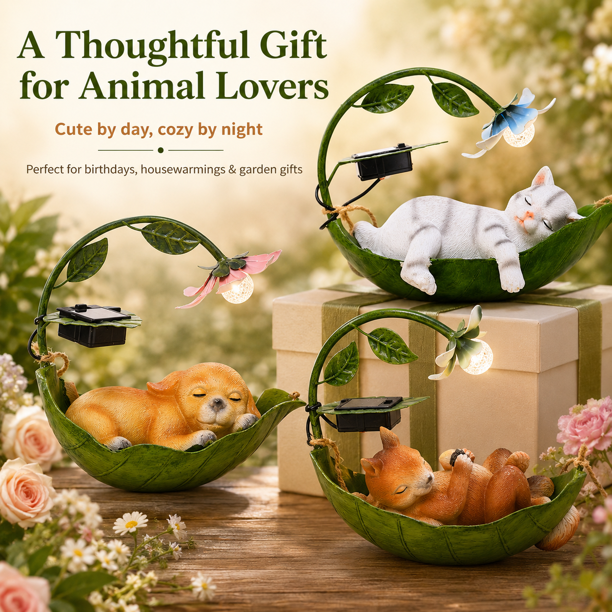 Solar Sleeping Animal Hanging Garden Light – Cute Cat, Dog & Squirrel Leaf Hammock Outdoor Decor with Flower LED Light