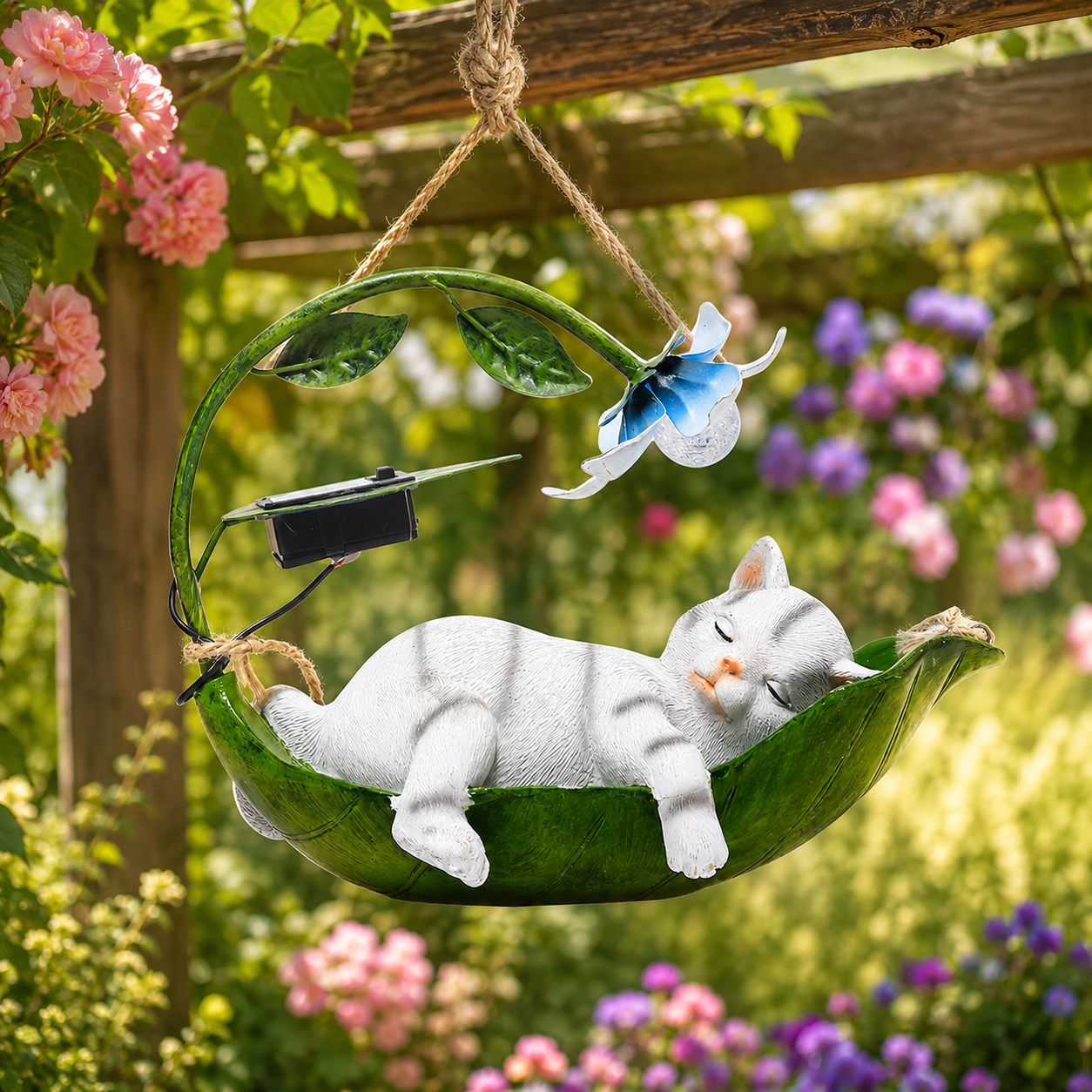 Solar Sleeping Animal Hanging Garden Light – Cute Cat, Dog & Squirrel Leaf Hammock Outdoor Decor with Flower LED Light