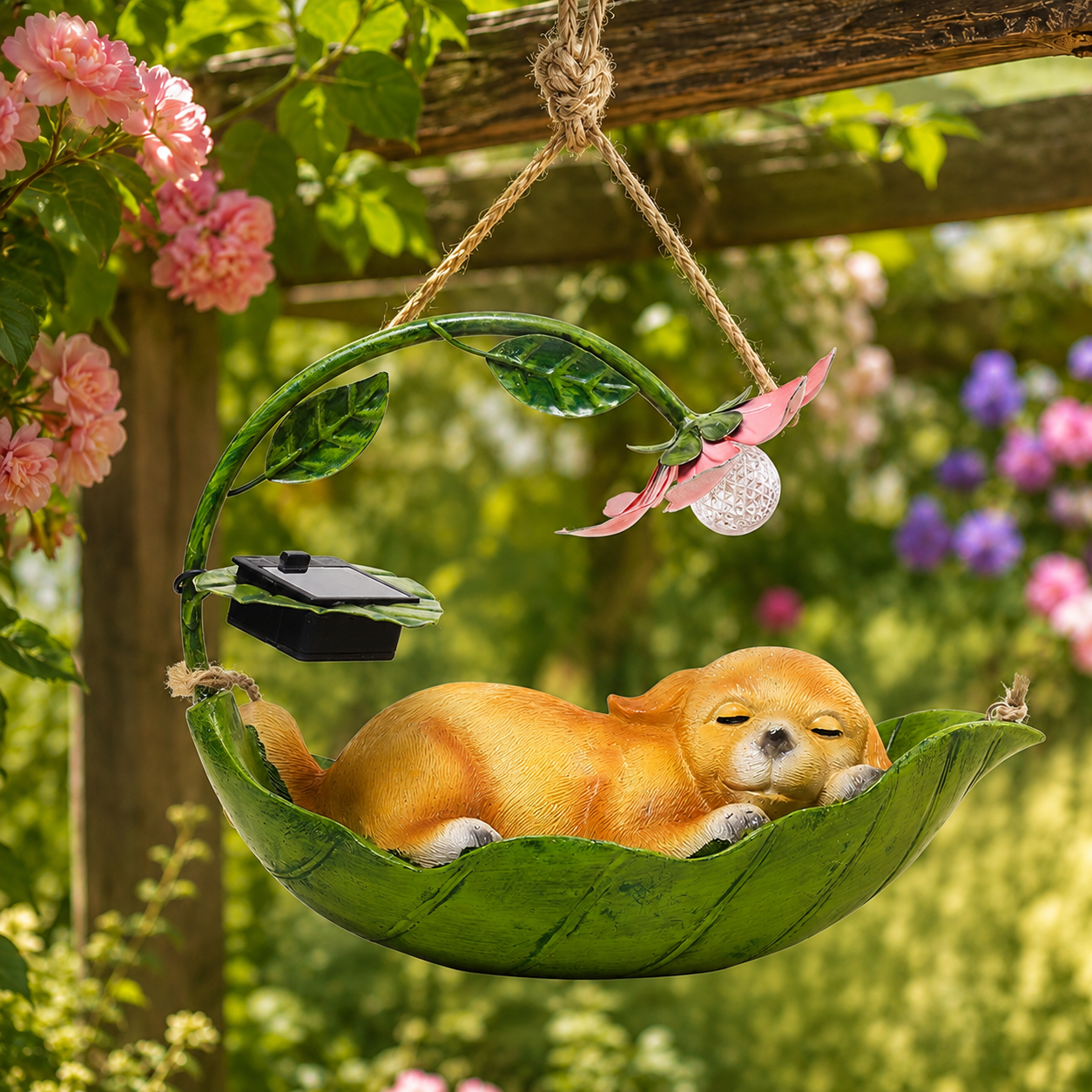 Solar Sleeping Animal Hanging Garden Light – Cute Cat, Dog & Squirrel Leaf Hammock Outdoor Decor with Flower LED Light