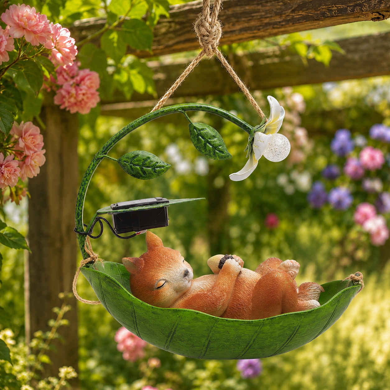 Solar Sleeping Animal Hanging Garden Light – Cute Cat, Dog & Squirrel Leaf Hammock Outdoor Decor with Flower LED Light