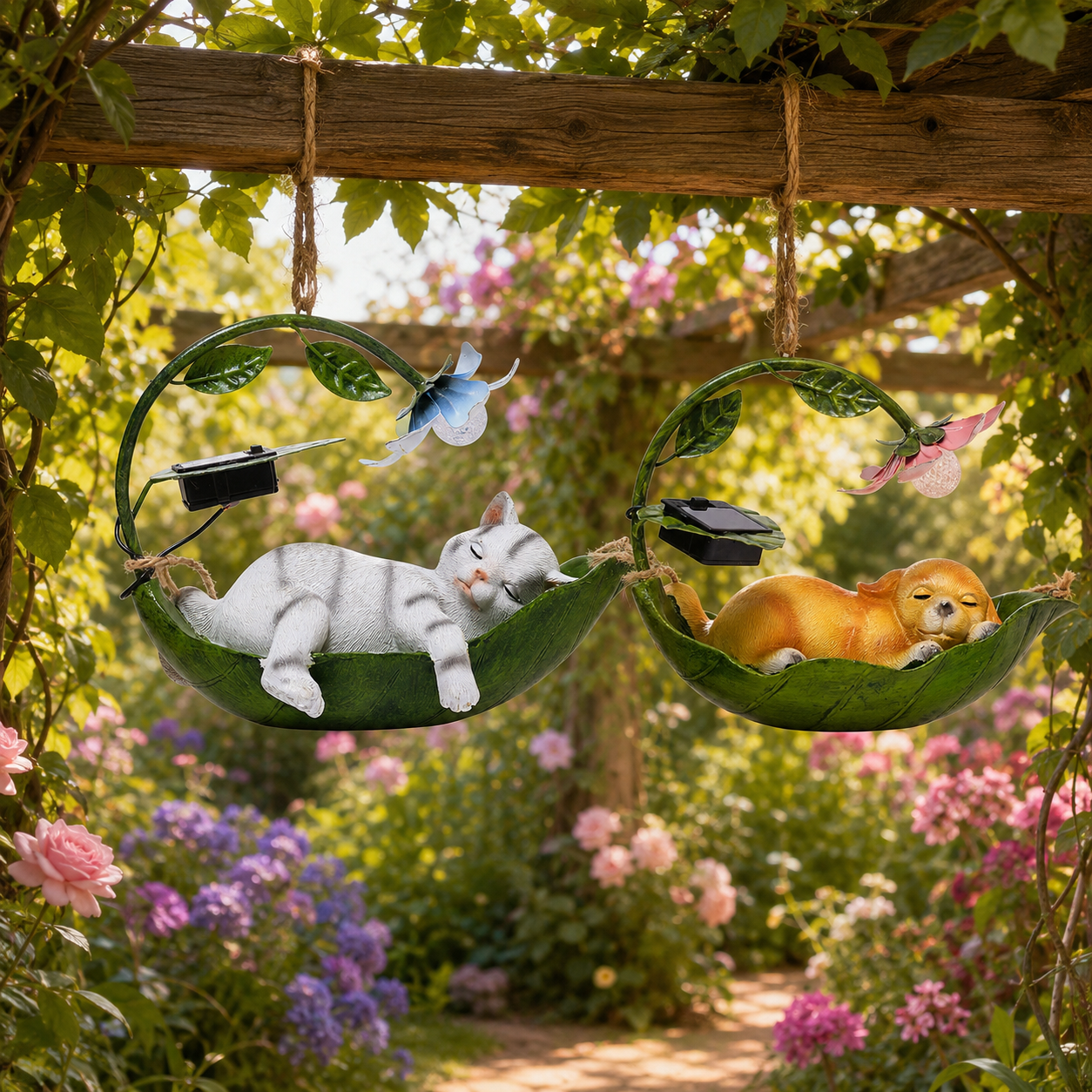 Solar Sleeping Animal Hanging Garden Light – Cute Cat, Dog & Squirrel Leaf Hammock Outdoor Decor with Flower LED Light