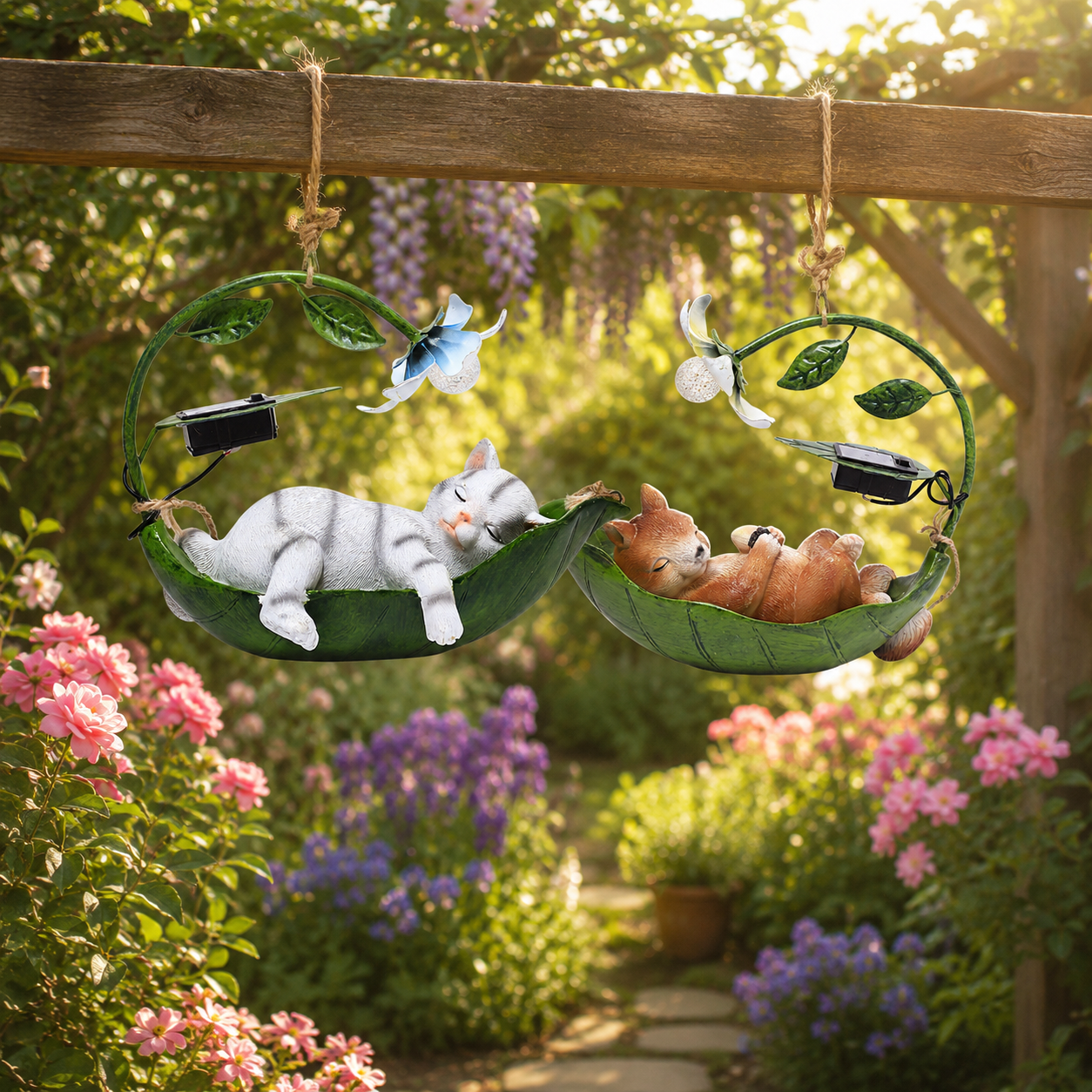 Solar Sleeping Animal Hanging Garden Light – Cute Cat, Dog & Squirrel Leaf Hammock Outdoor Decor with Flower LED Light
