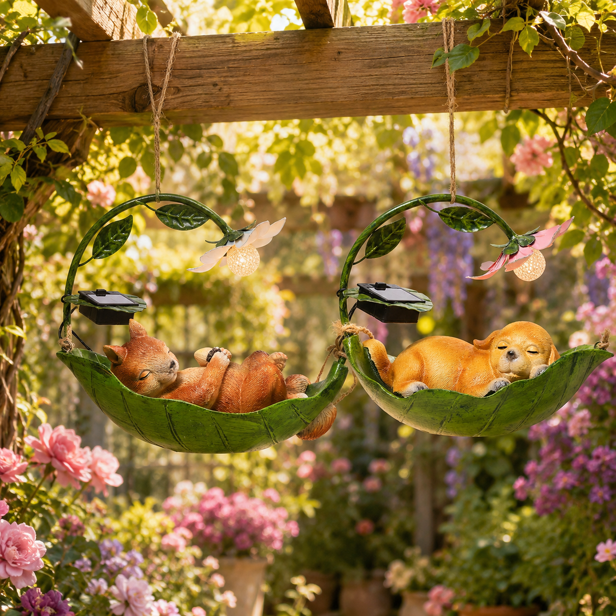 Solar Sleeping Animal Hanging Garden Light – Cute Cat, Dog & Squirrel Leaf Hammock Outdoor Decor with Flower LED Light