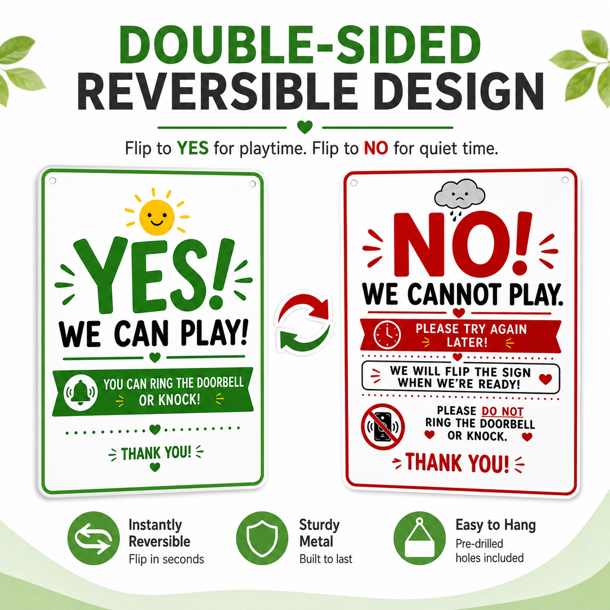 Double-Sided Reversible Playtime Door Sign, YES/NO We Can Play Door Sign for Kids, Iron Quiet Time & Playdate Hanging Sign for Front Door, Porch, Yard, Family Home