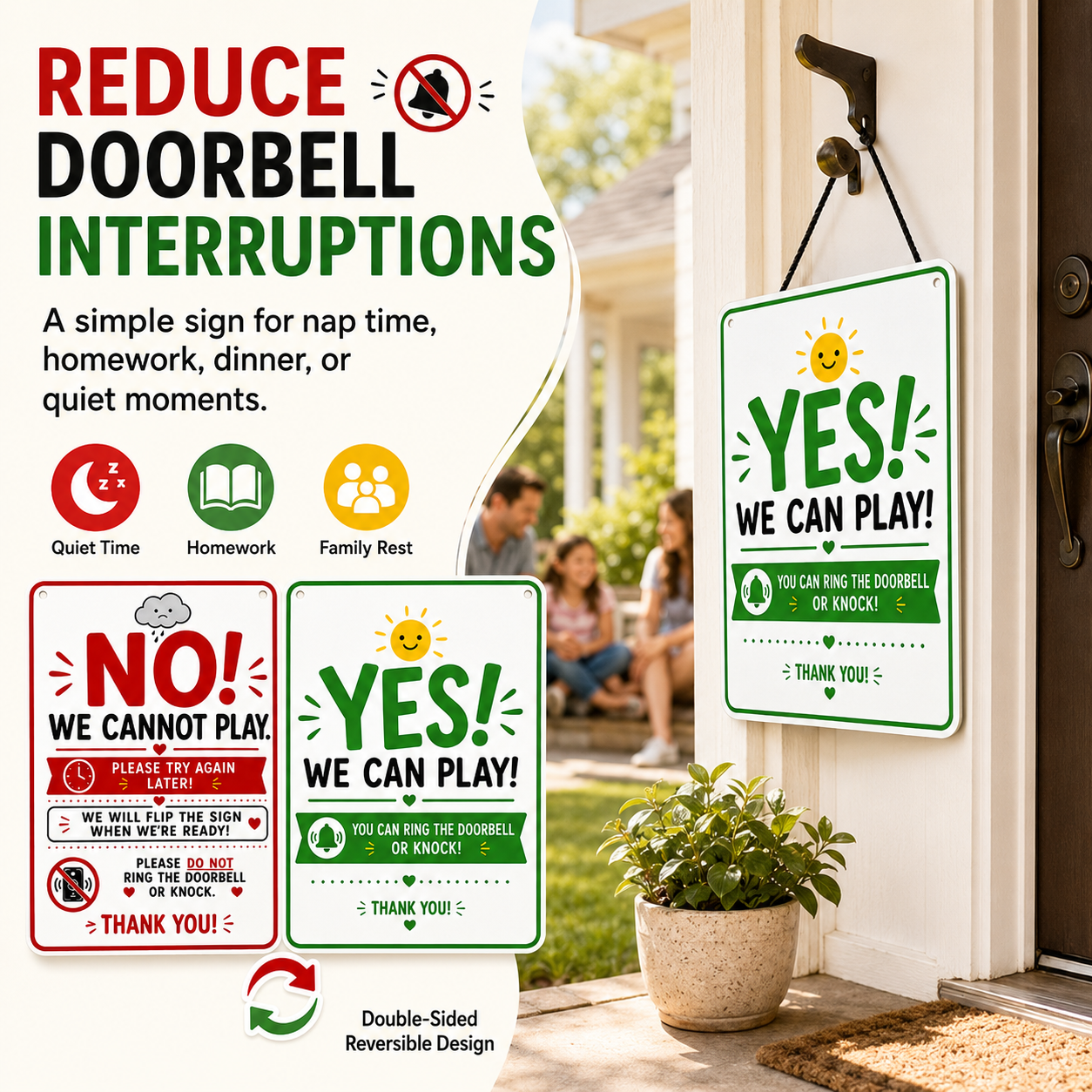 Double-Sided Reversible Playtime Door Sign, YES/NO We Can Play Door Sign for Kids, Iron Quiet Time & Playdate Hanging Sign for Front Door, Porch, Yard, Family Home