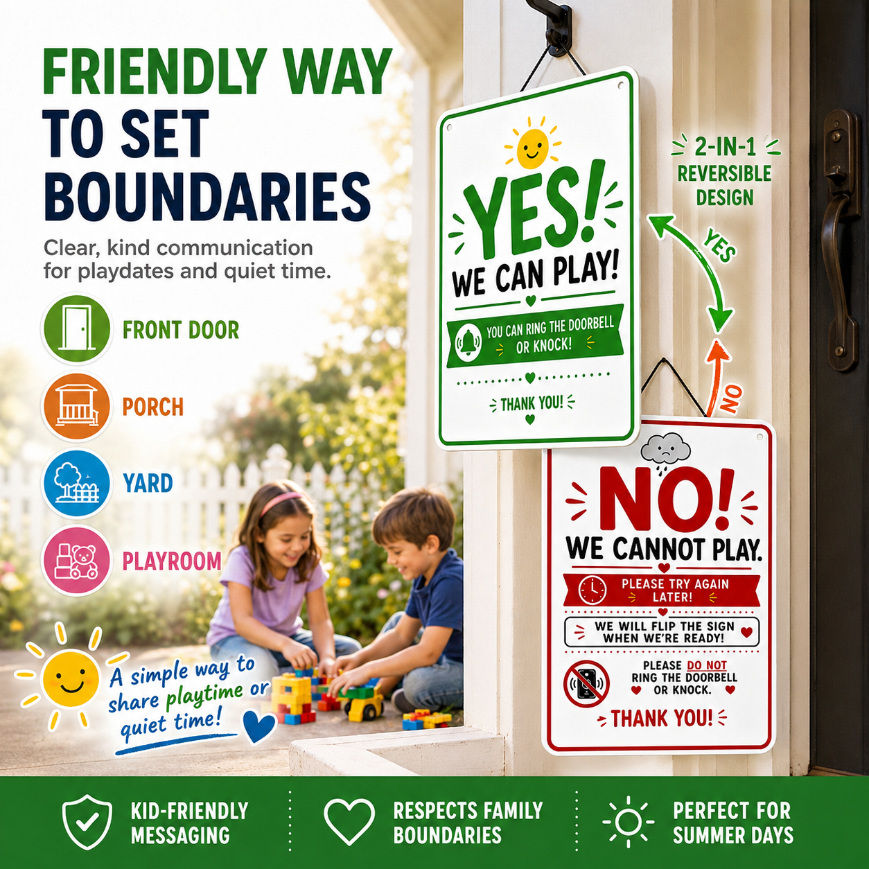 Double-Sided Reversible Playtime Door Sign, YES/NO We Can Play Door Sign for Kids, Iron Quiet Time & Playdate Hanging Sign for Front Door, Porch, Yard, Family Home
