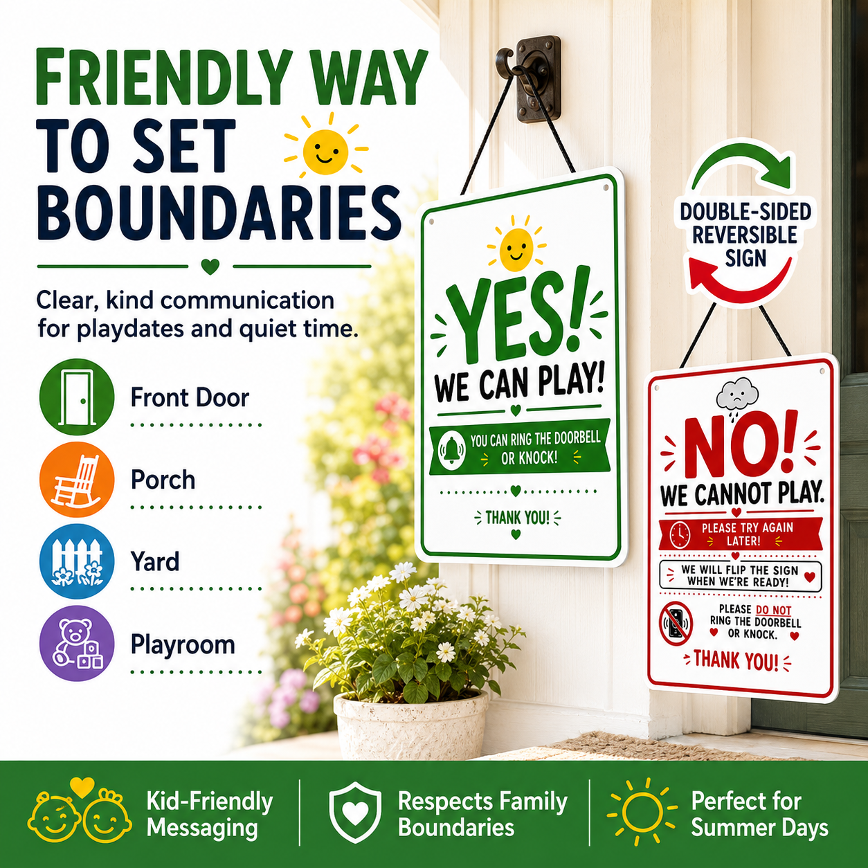 Double-Sided Reversible Playtime Door Sign, YES/NO We Can Play Door Sign for Kids, Iron Quiet Time & Playdate Hanging Sign for Front Door, Porch, Yard, Family Home