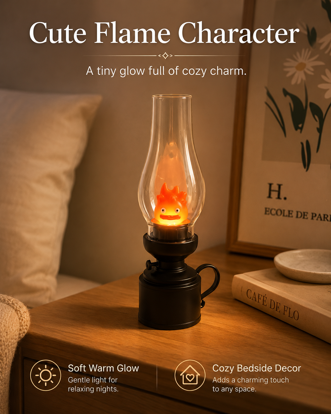 Cute Flame Character Mini Night Light, Vintage Oil Lamp Style Decorative Table Lamp, Battery-Powered Cozy Bedside Light for Bedroom, Desk, Bookshelf, Dorm Room & Gift