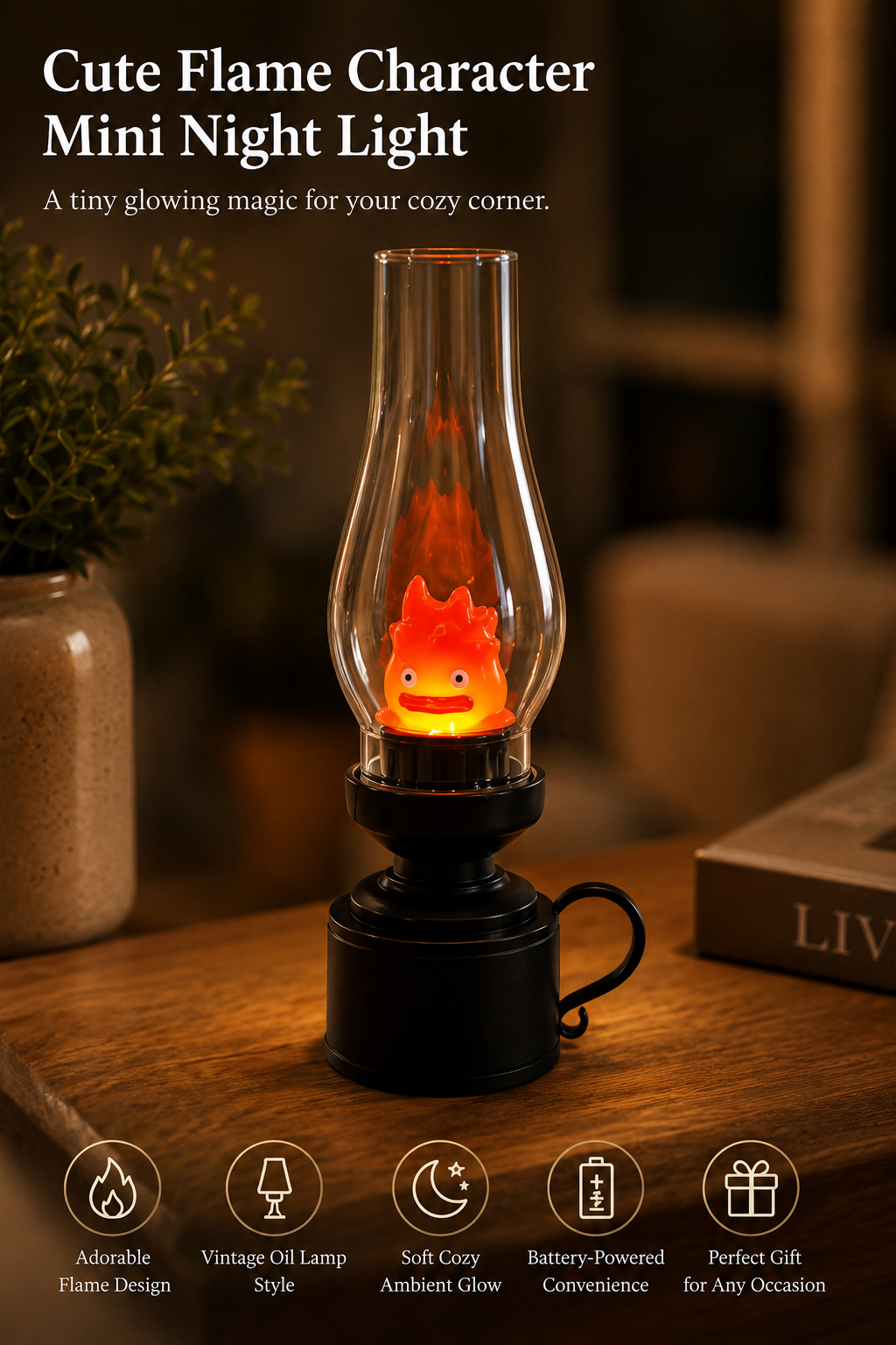 Cute Flame Character Mini Night Light, Vintage Oil Lamp Style Decorative Table Lamp, Battery-Powered Cozy Bedside Light for Bedroom, Desk, Bookshelf, Dorm Room & Gift